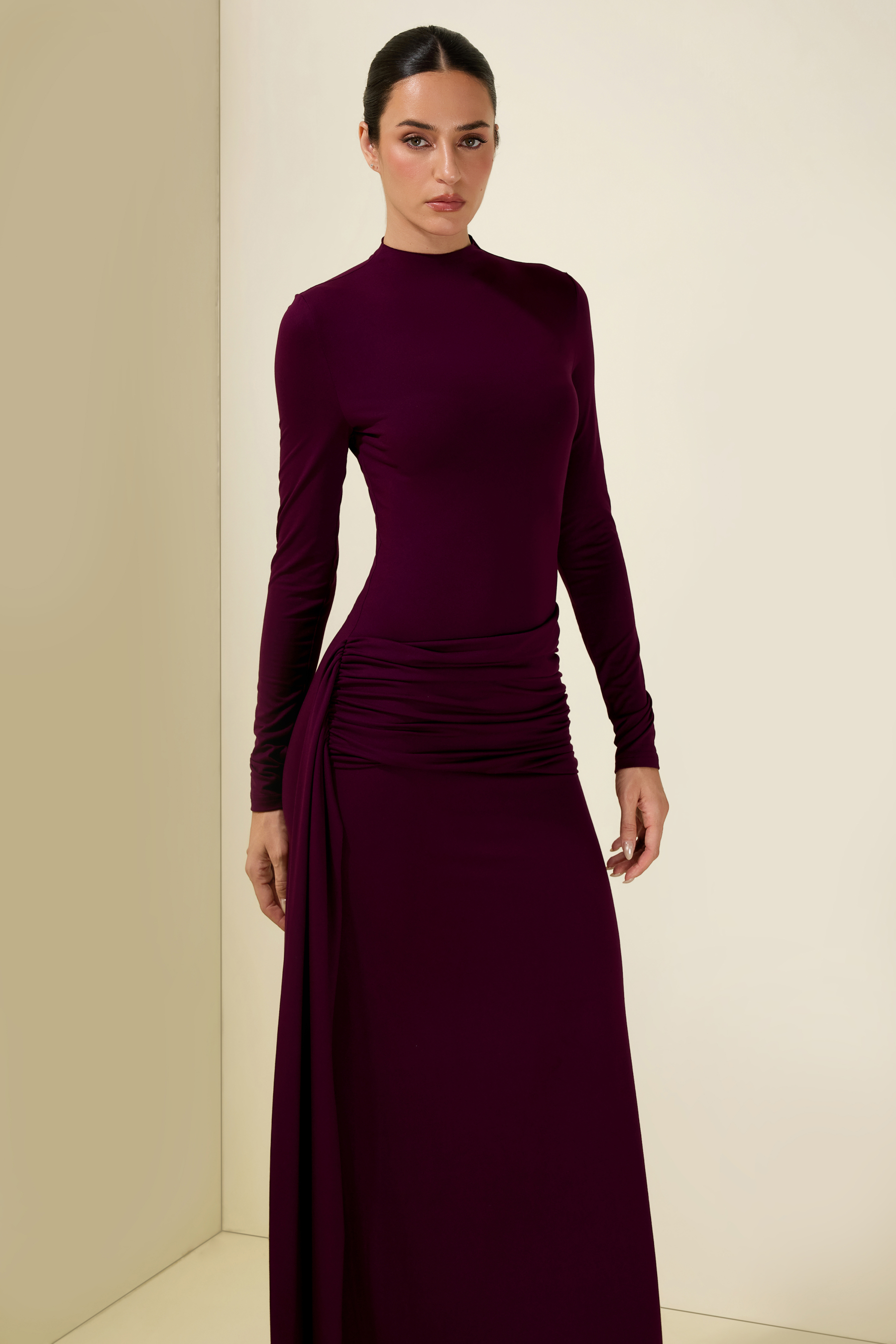 Jersey Stand Collar Long Sleeve Maxi Dress