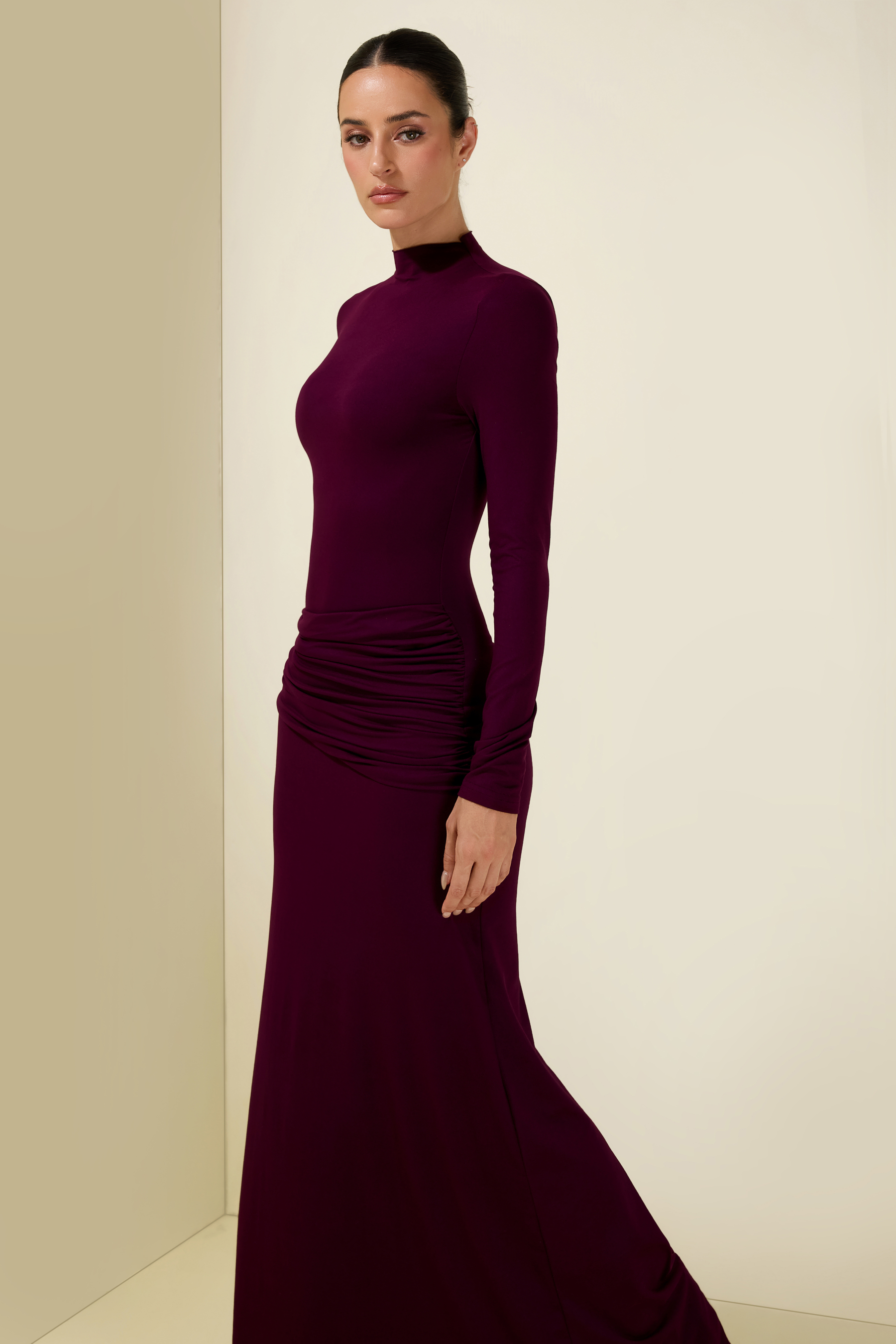 Jersey Stand Collar Long Sleeve Maxi Dress