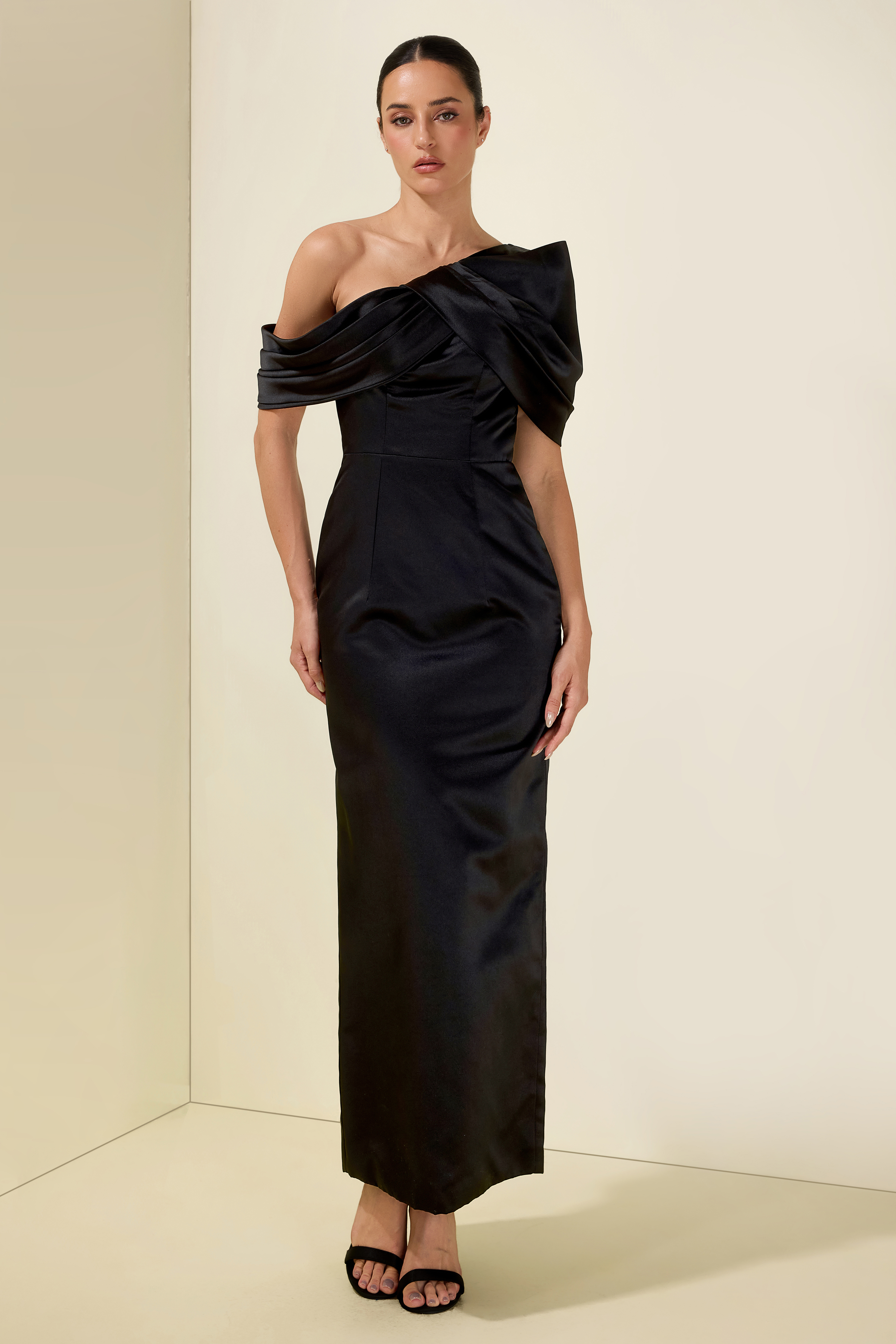 Satin Ruched Off-Shoulder Midi Dress