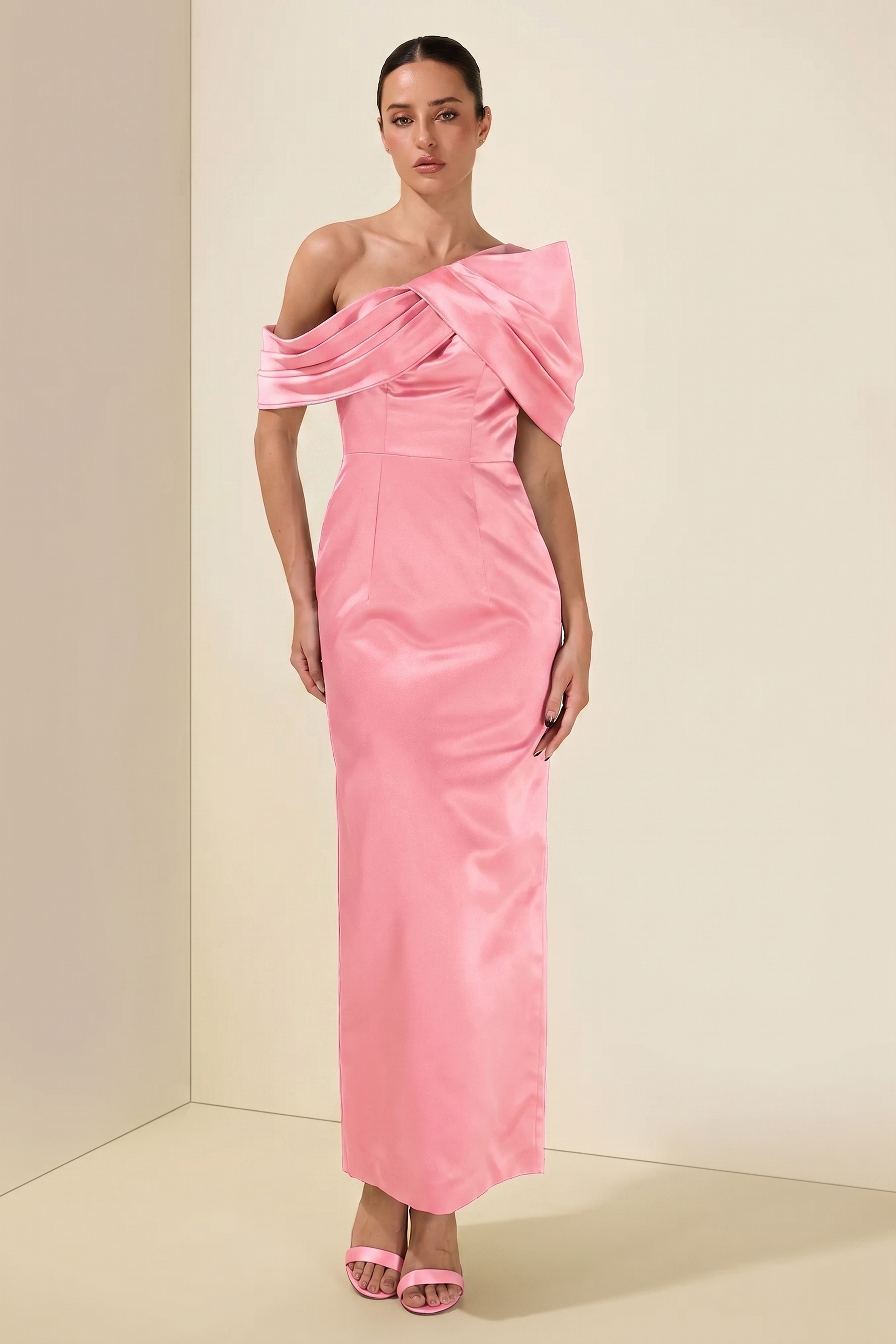 Satin Ruched Off-Shoulder Midi Dress