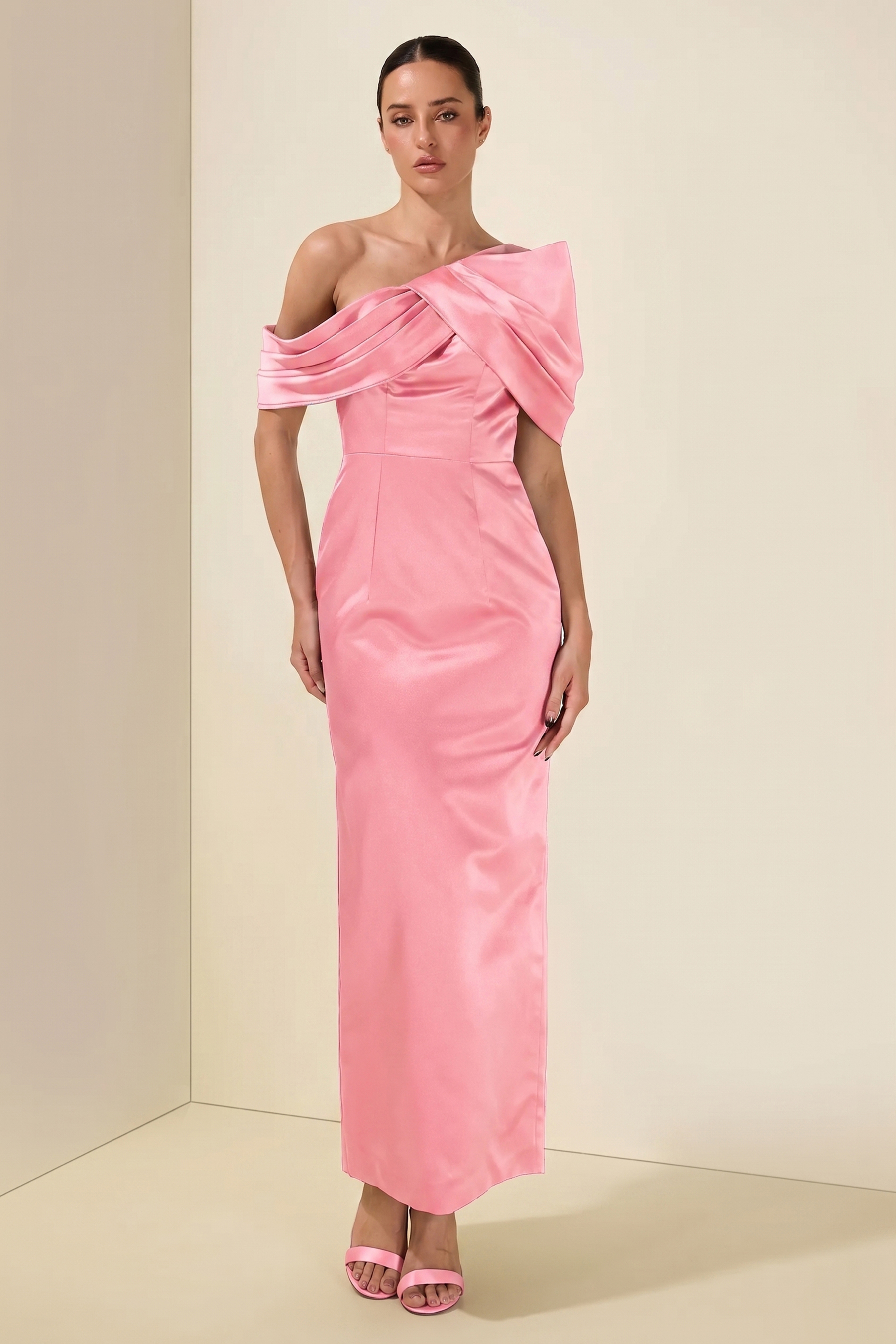 Satin Ruched Off-Shoulder Midi Dress