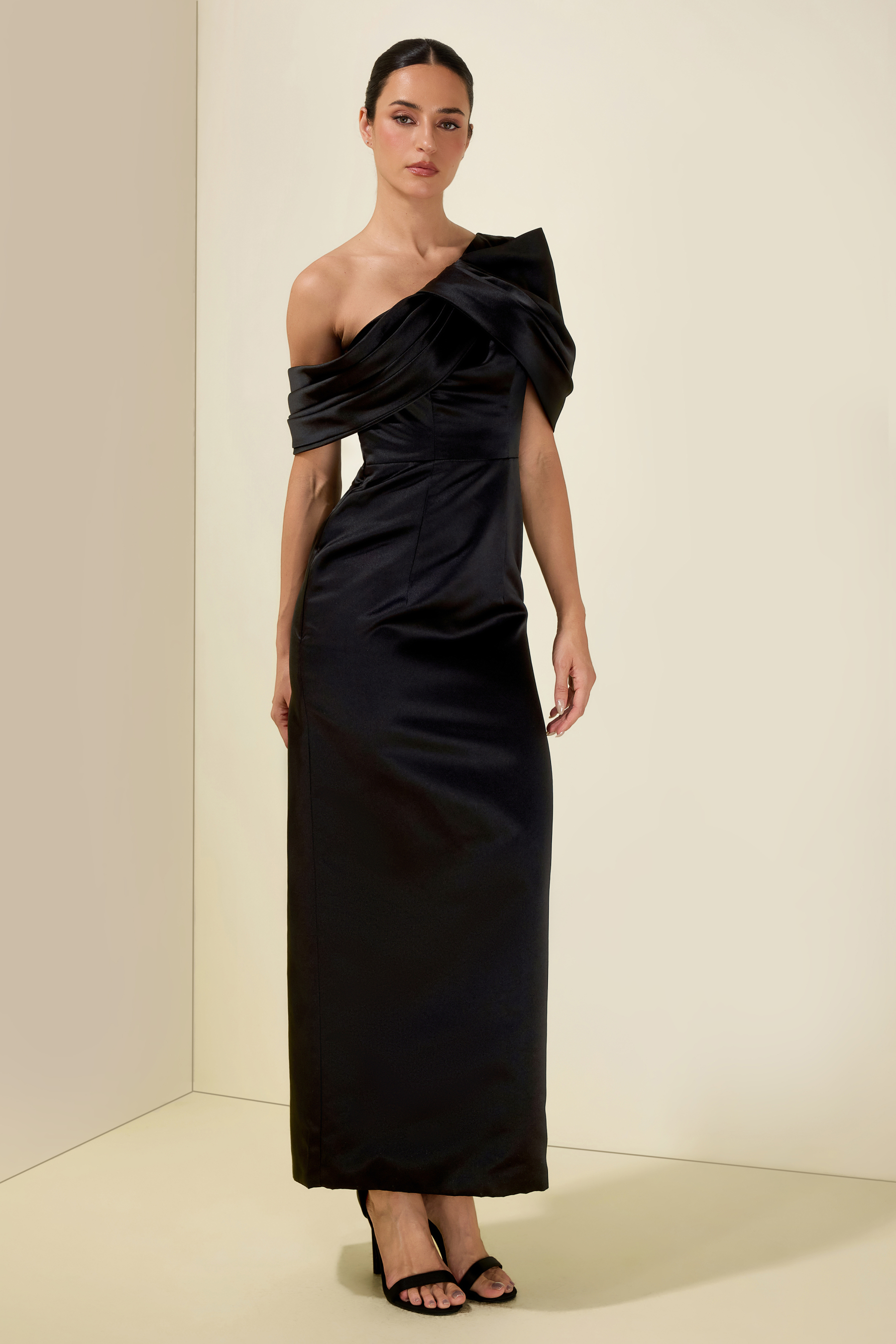 Satin Ruched Off-Shoulder Midi Dress