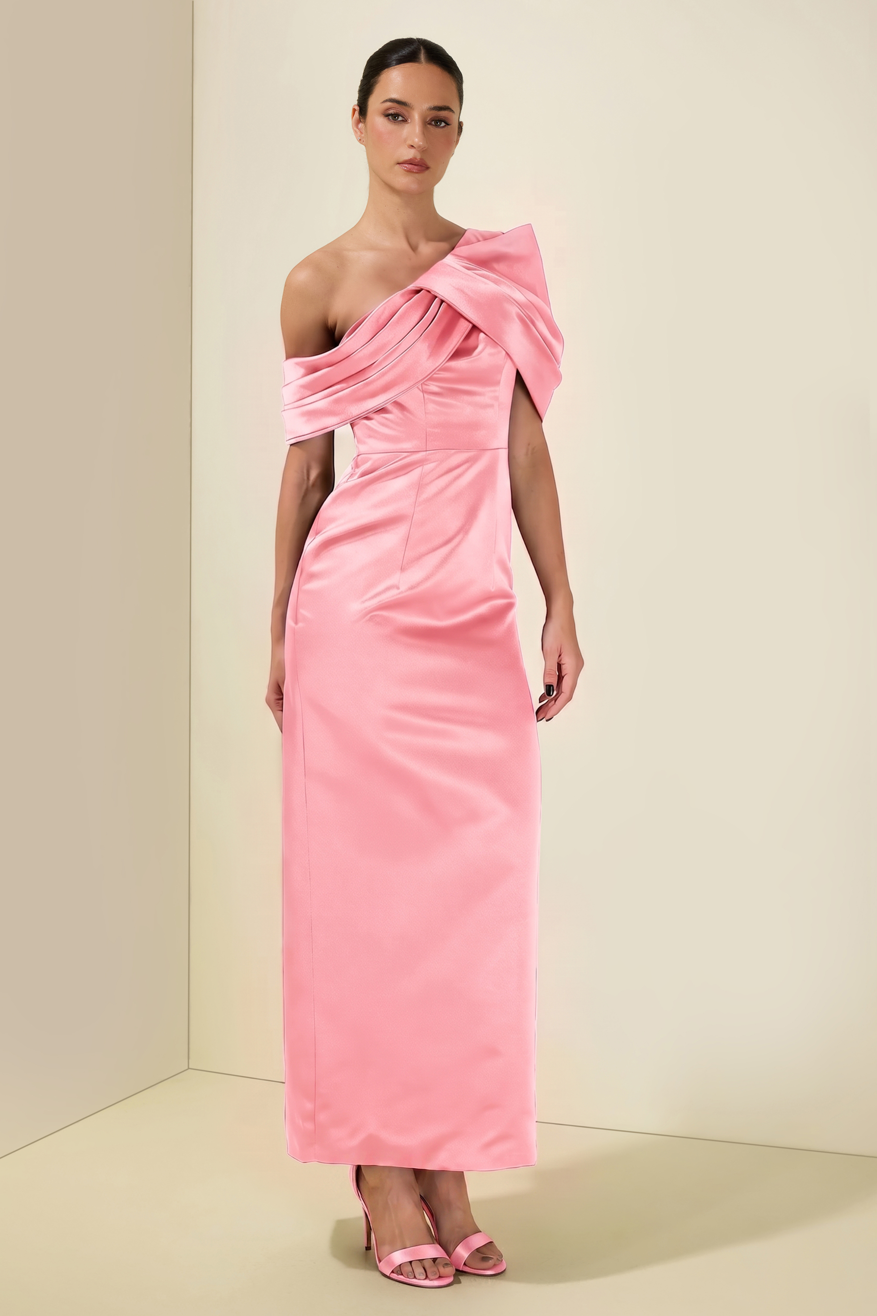 Satin Ruched Off-Shoulder Midi Dress