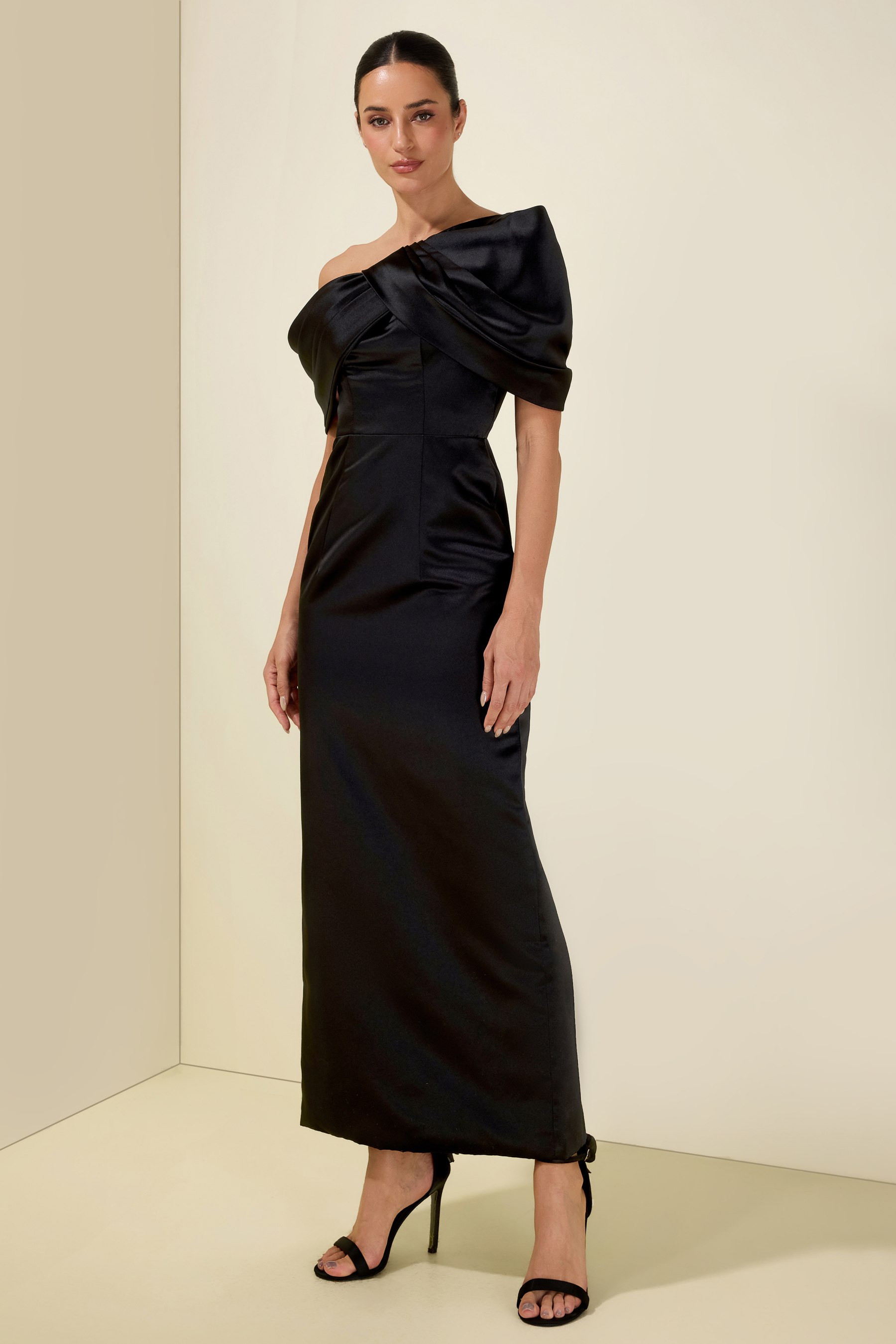 Satin Ruched Off-Shoulder Midi Dress