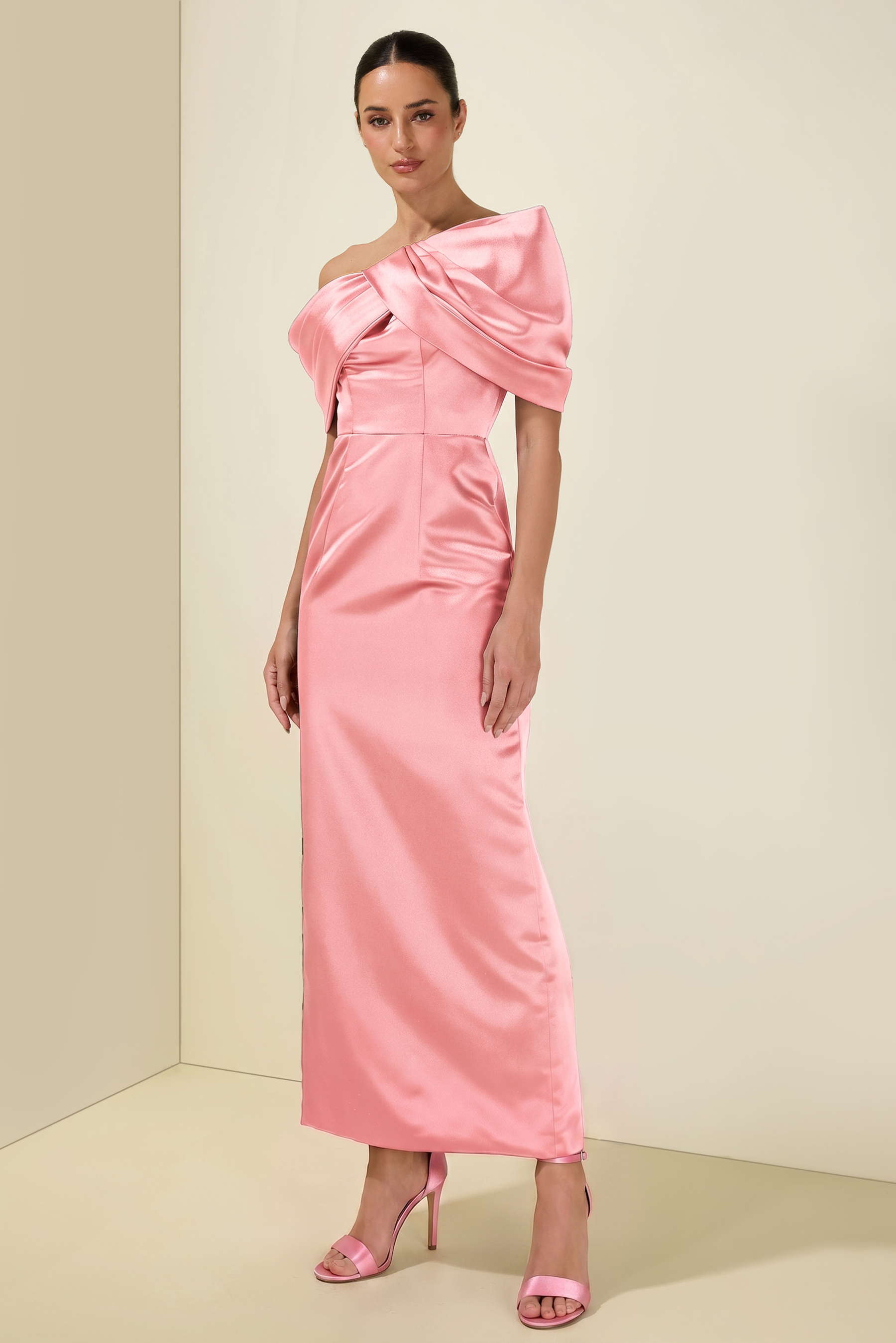 Satin Ruched Off-Shoulder Midi Dress