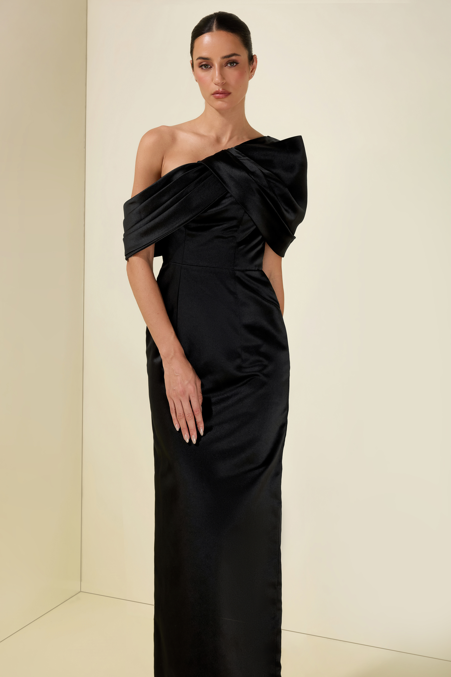 Satin Ruched Off-Shoulder Midi Dress
