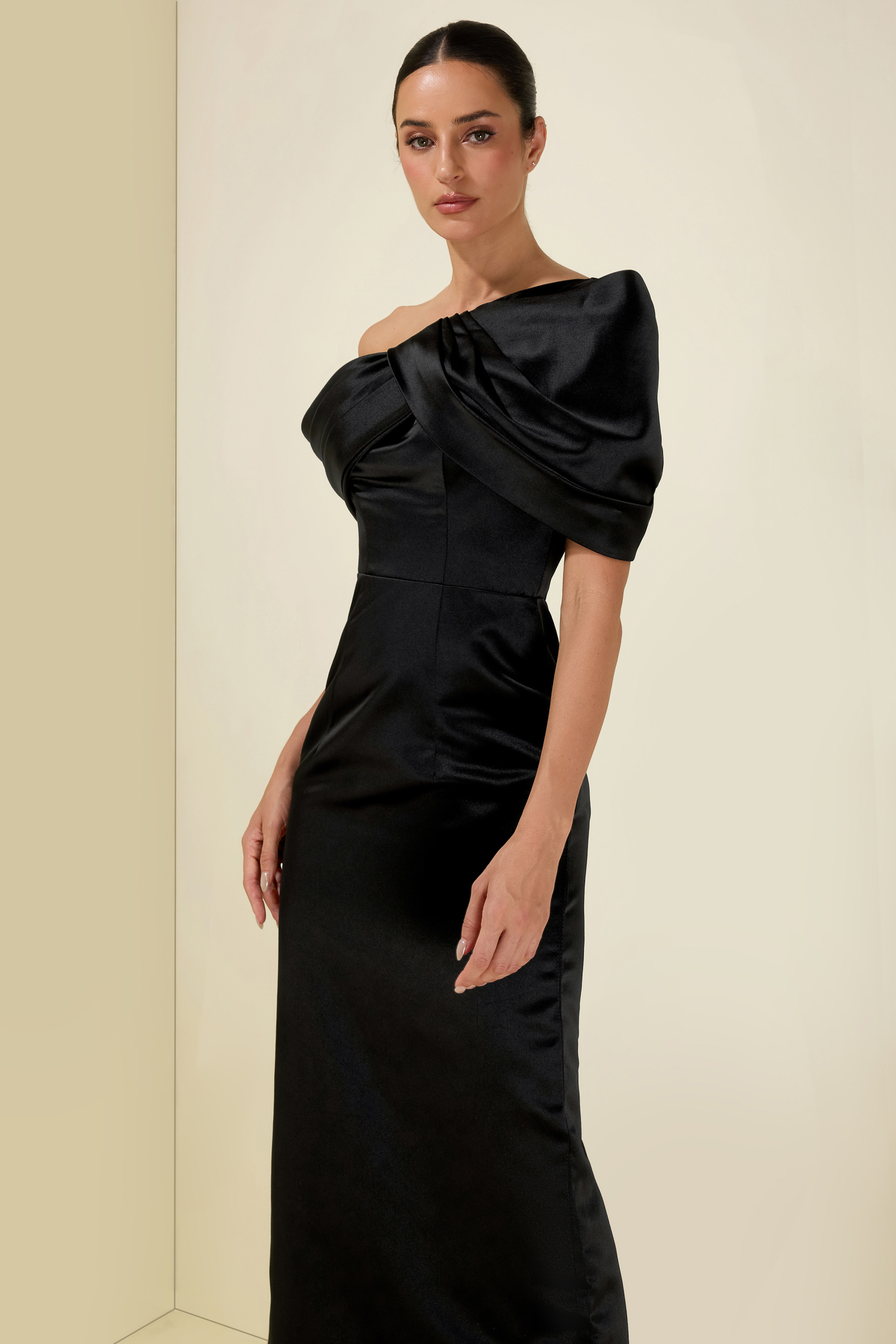 Satin Ruched Off-Shoulder Midi Dress