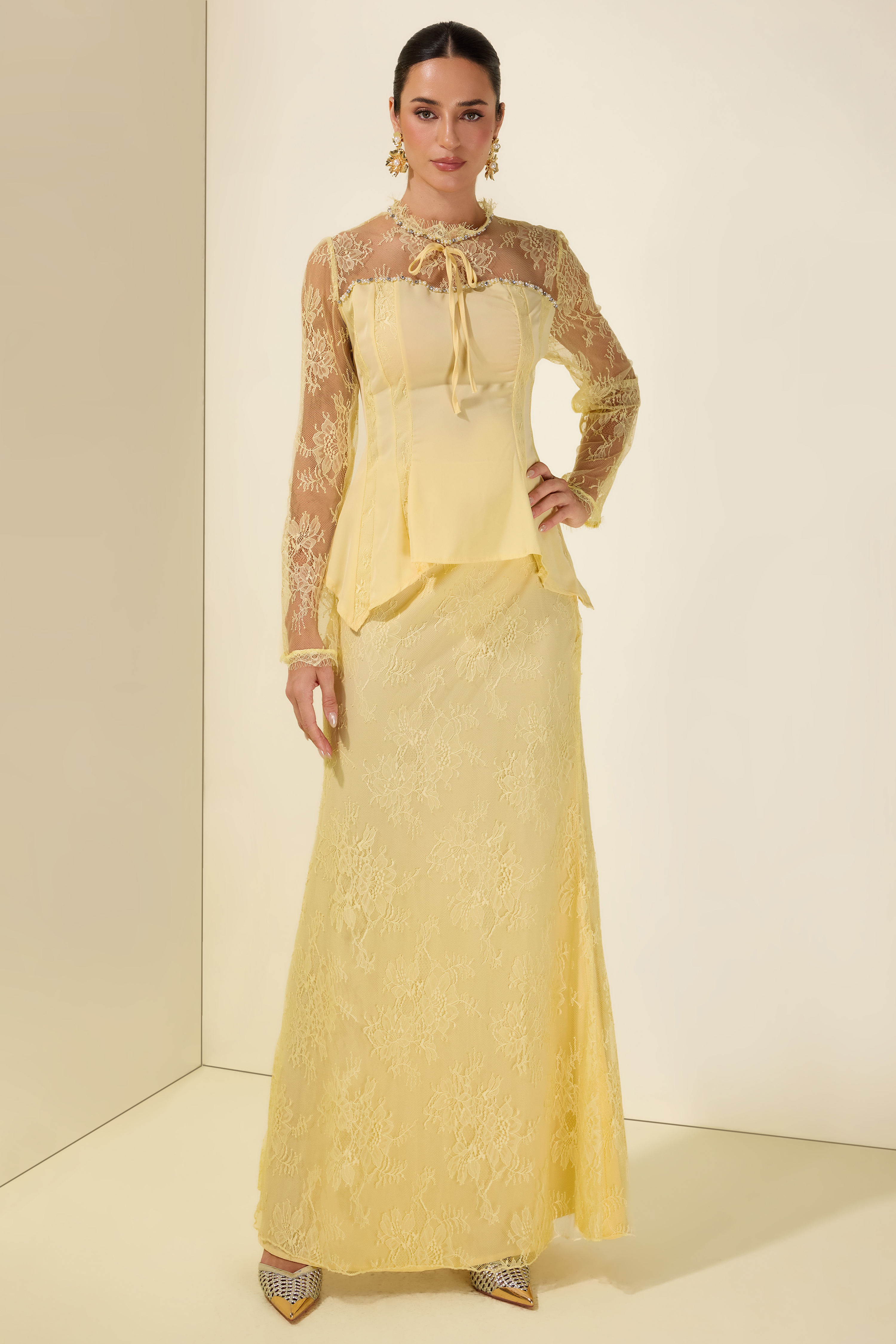 Lace Rhinestone Rivets Top & High Waist Midi Skirt Set