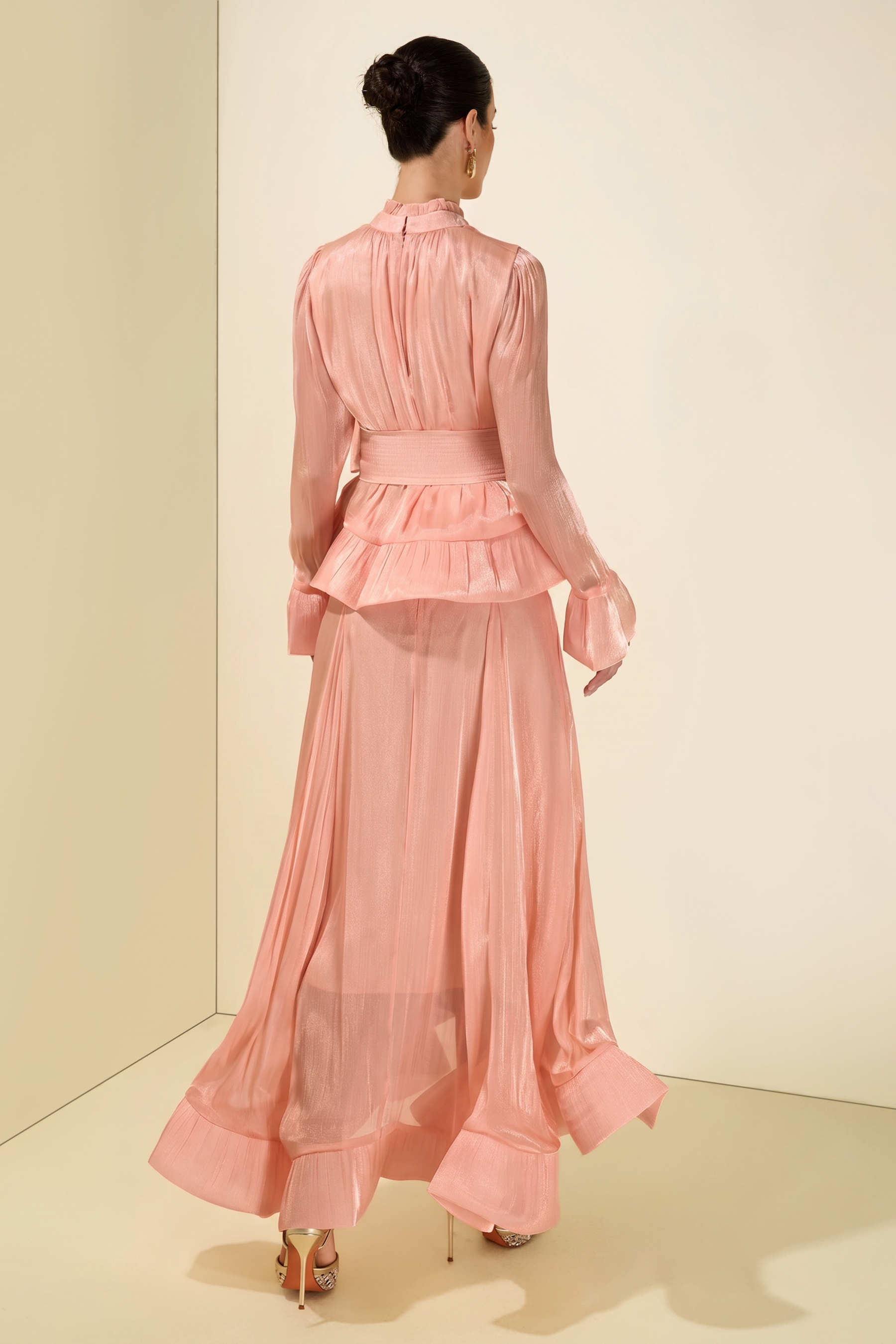 Ruffle Solid Top & High Waist Midi Skirt Set