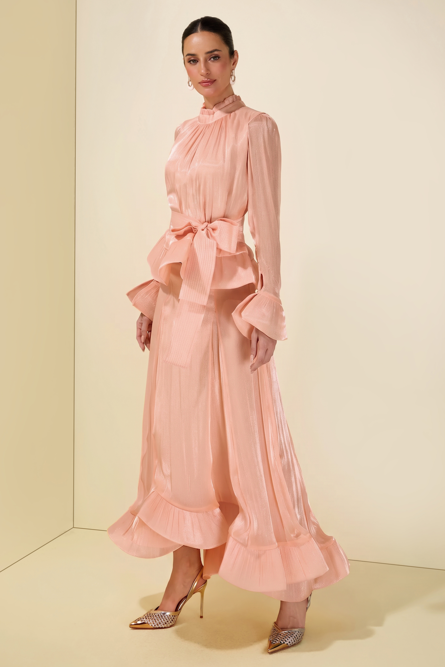 Ruffle Solid Top & High Waist Midi Skirt Set