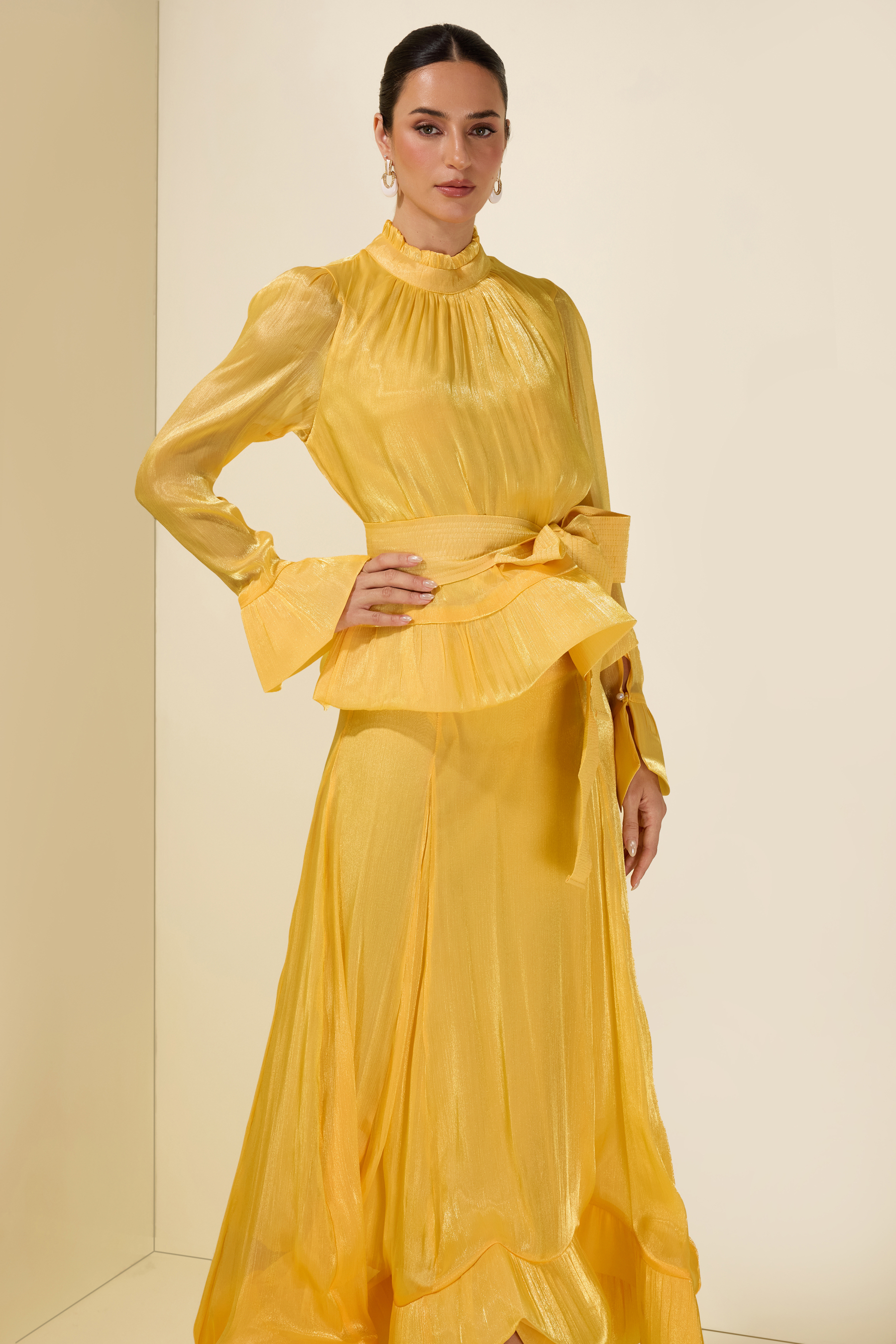 Ruffle Solid Top & High Waist Midi Skirt Set