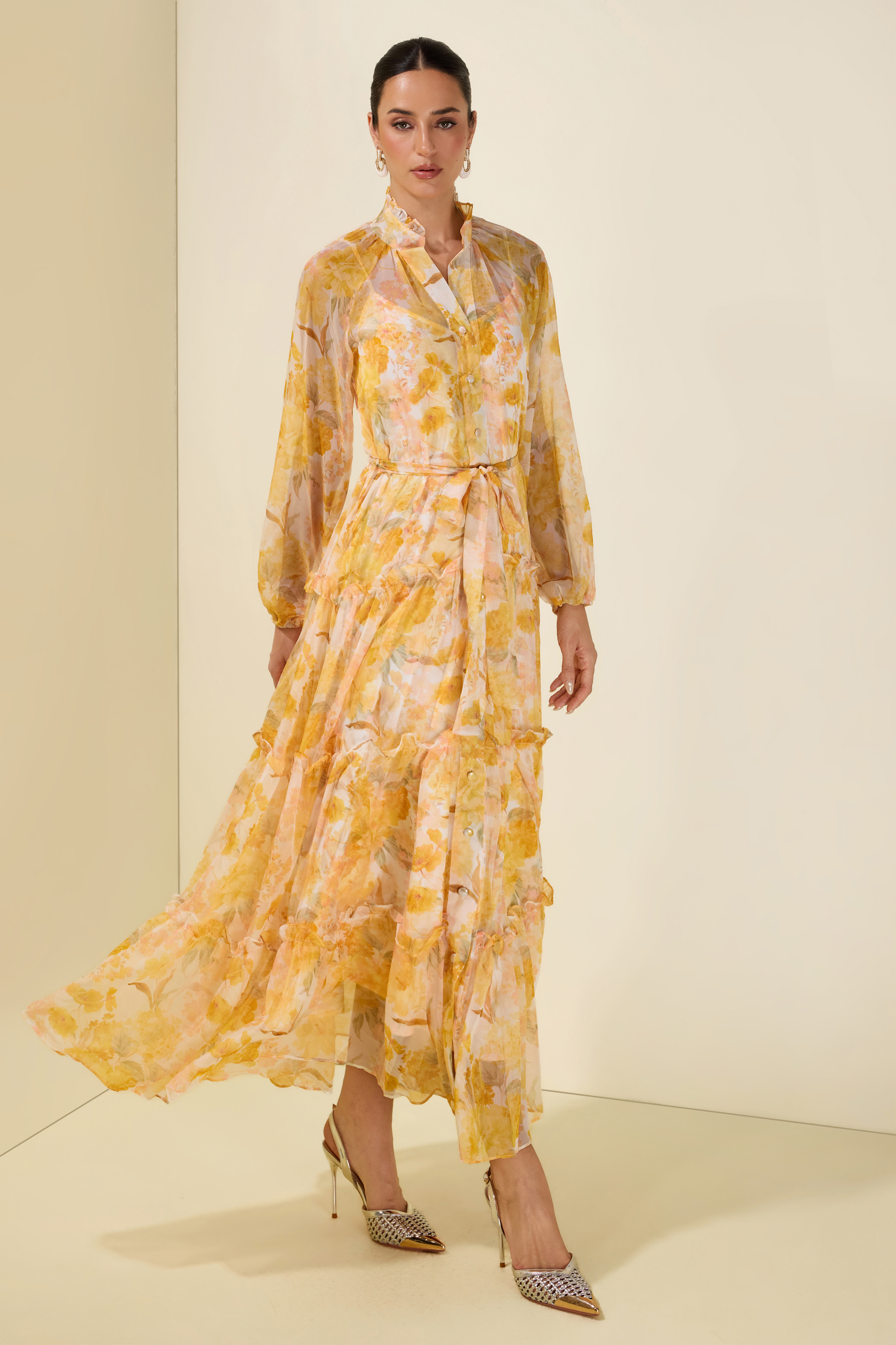 Floral Frill Single Breasted Midi Dress