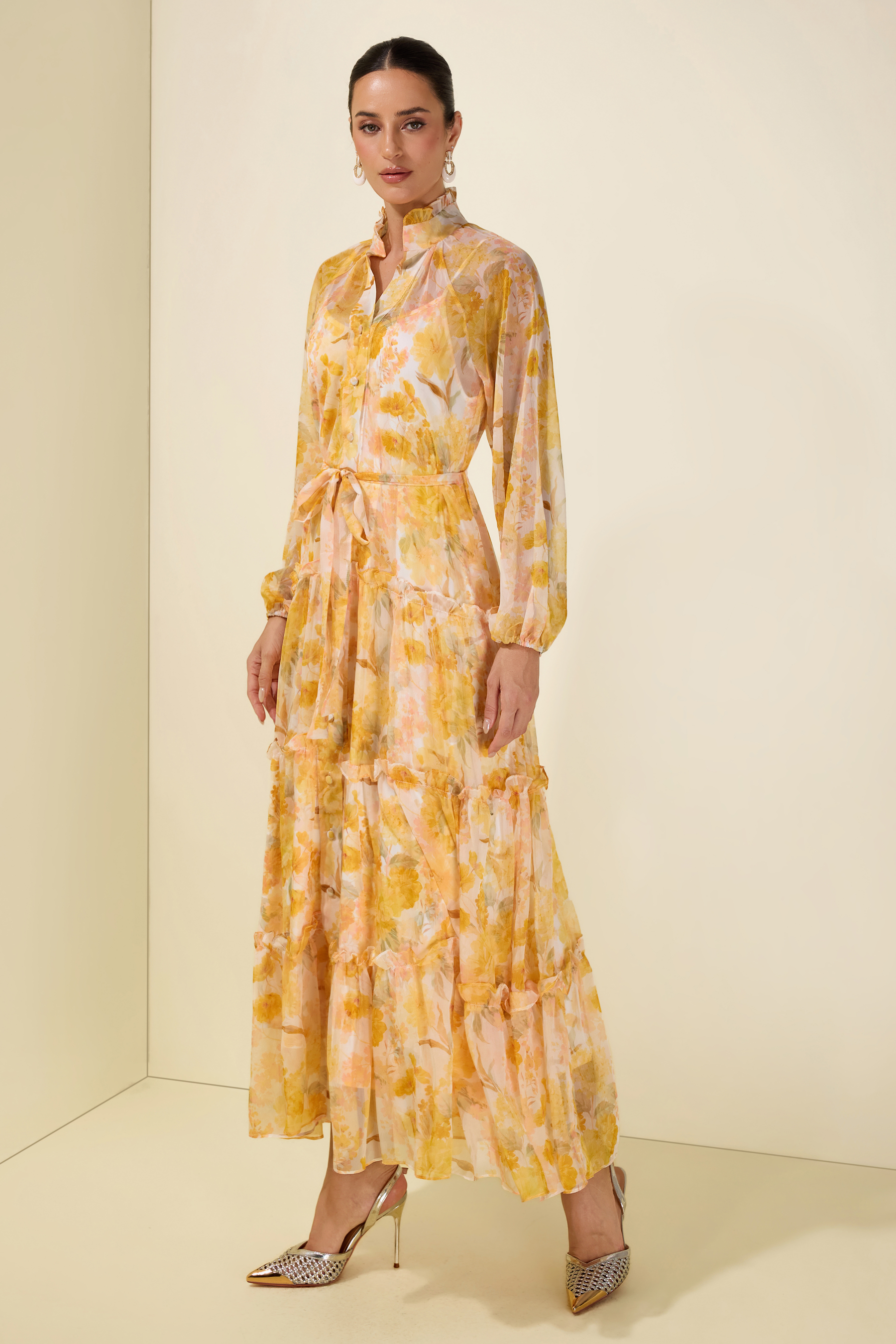 Floral Frill Single Breasted Midi Dress