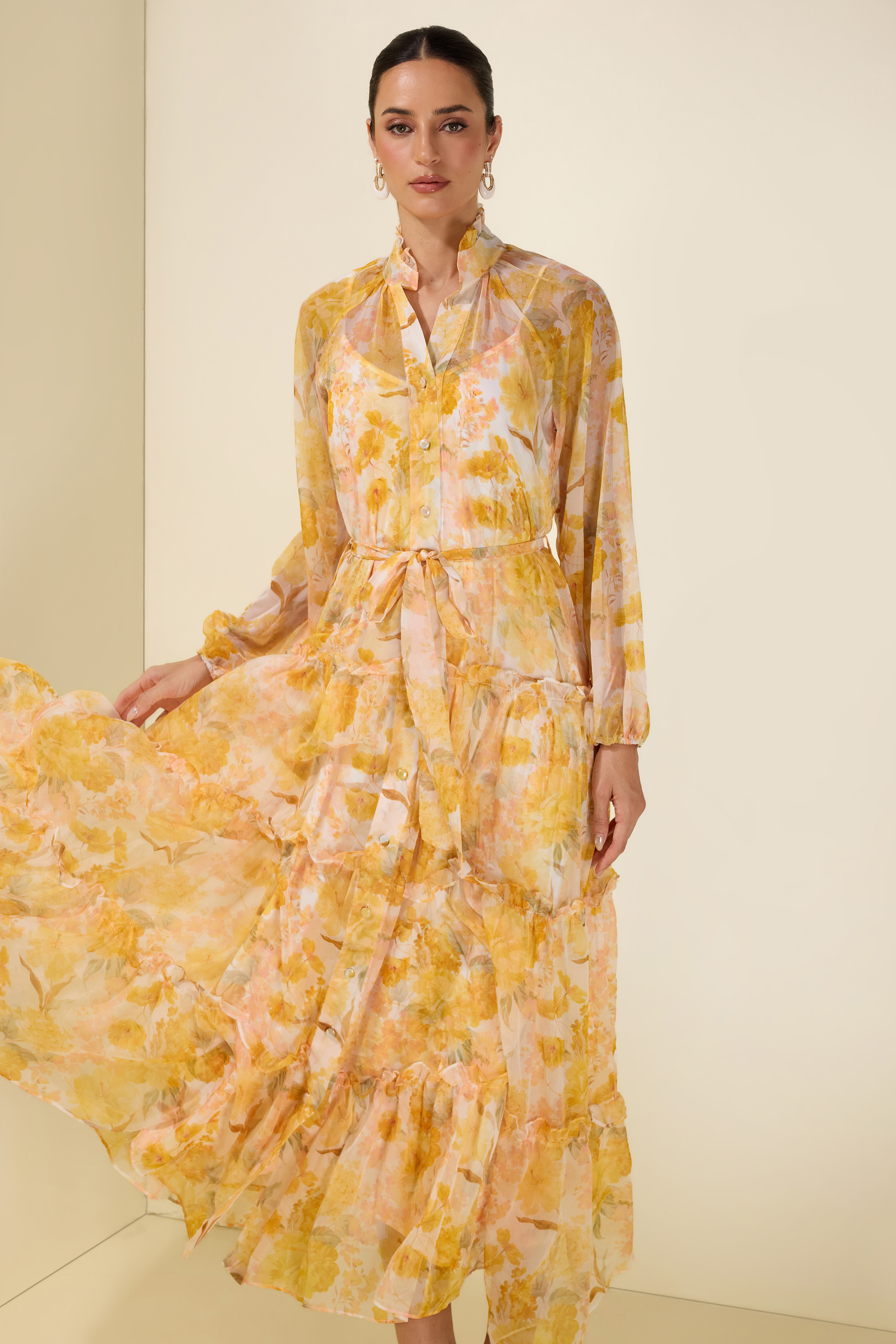 Floral Frill Single Breasted Midi Dress
