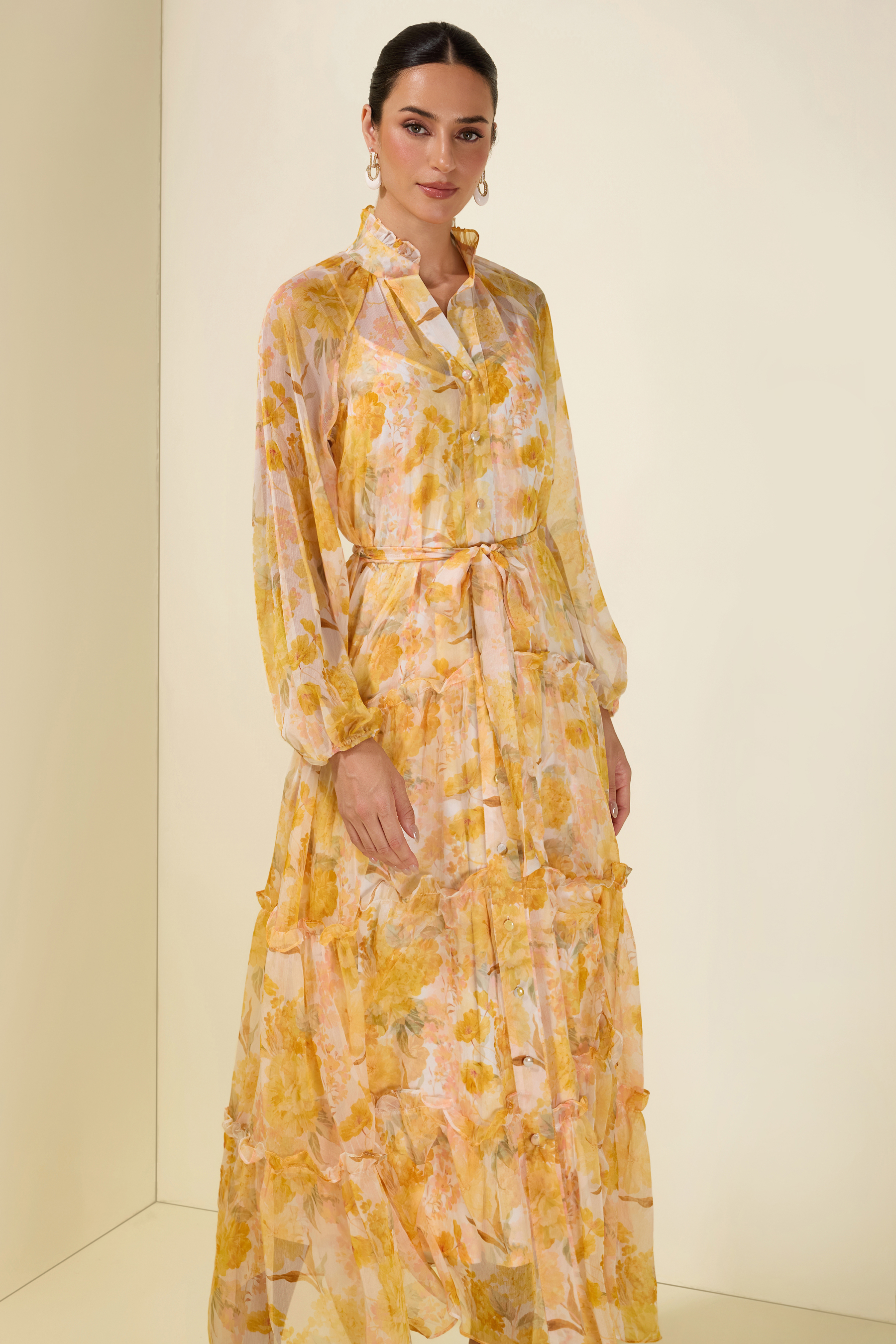 Floral Frill Single Breasted Midi Dress