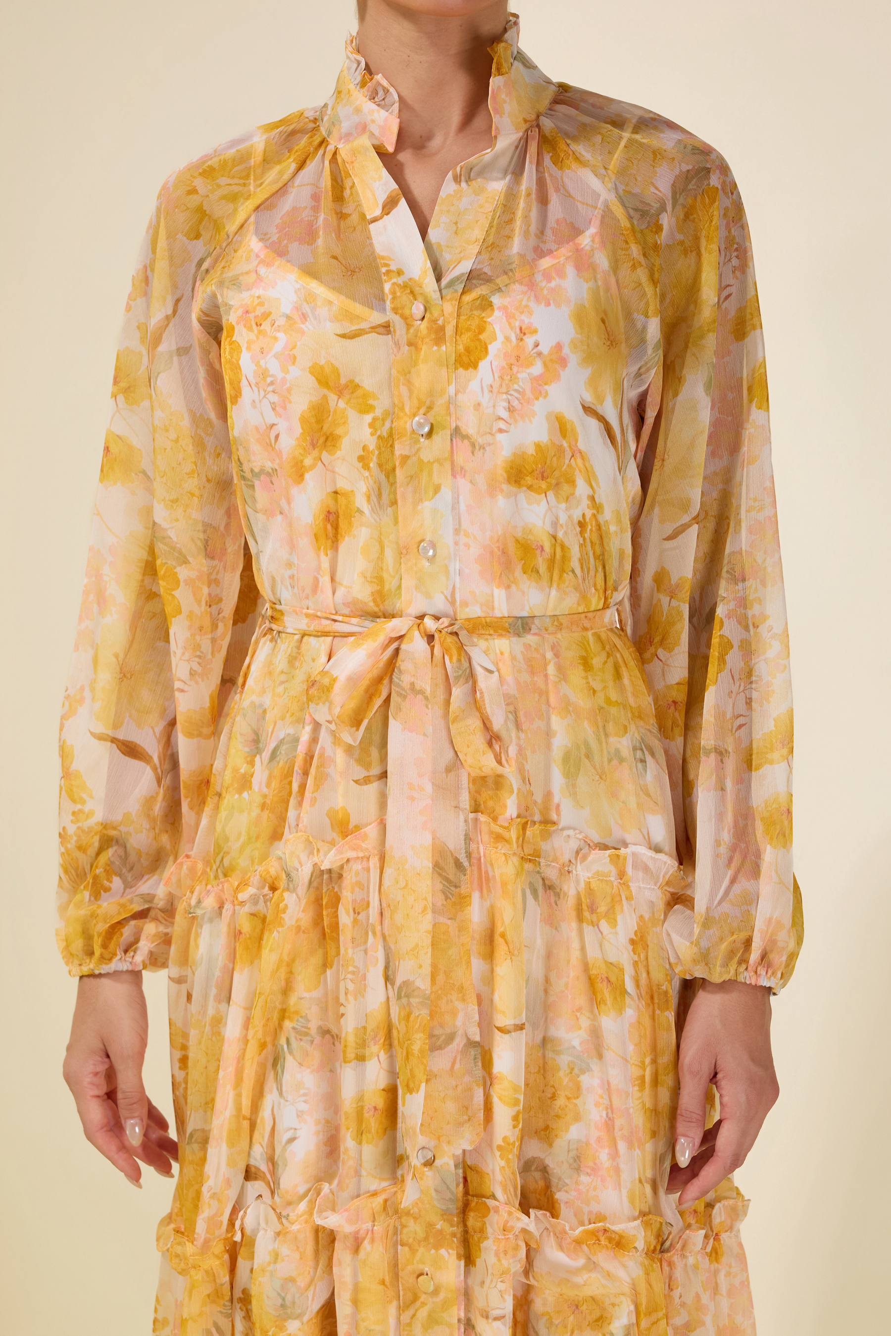 Floral Frill Single Breasted Midi Dress