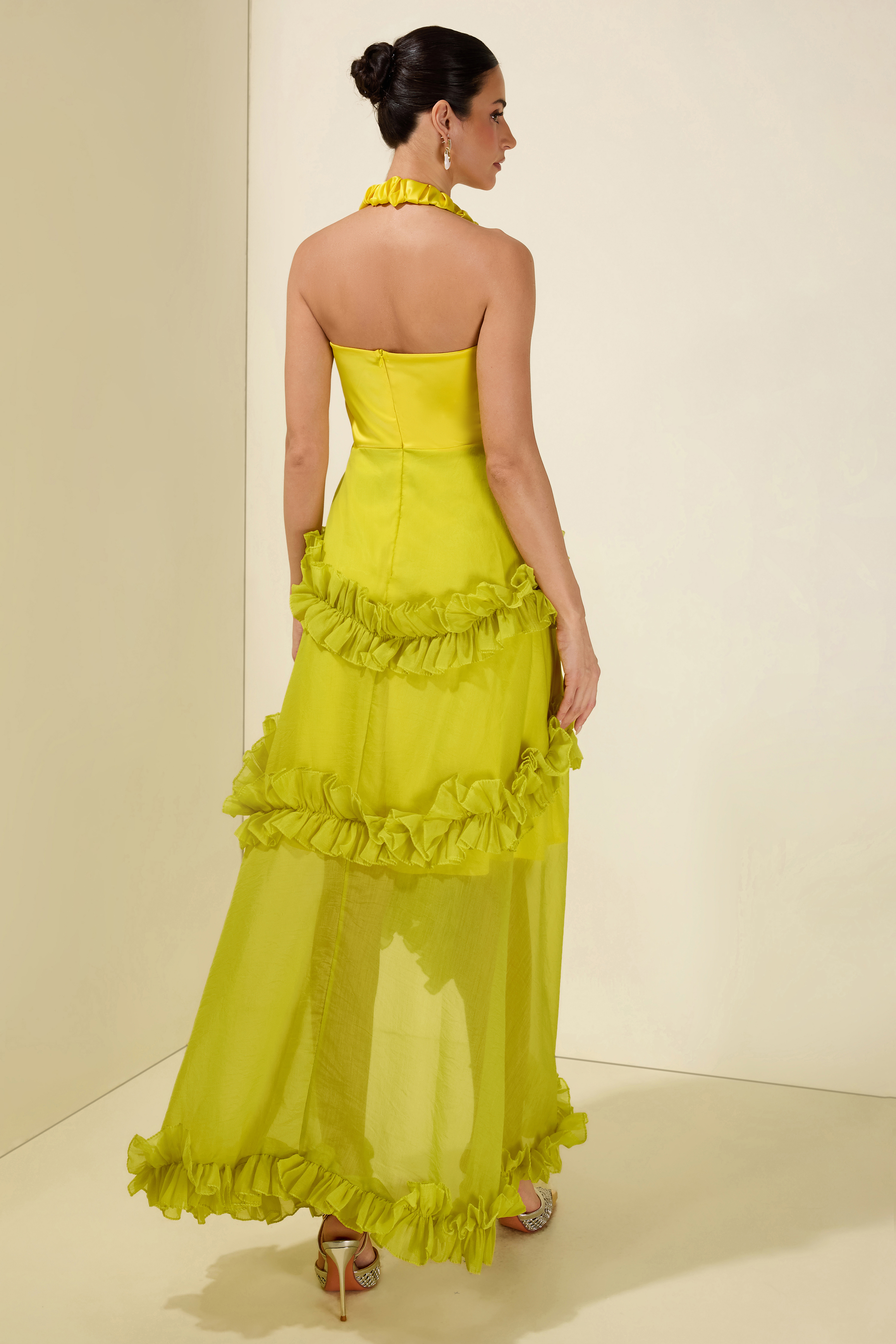 Satin Frill Halter Neck Midi Dress