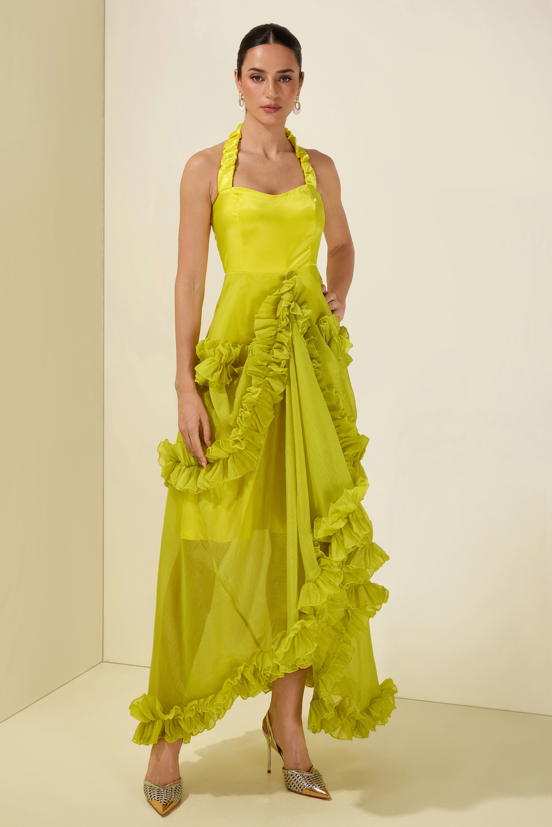 Satin Frill Halter Neck Midi Dress