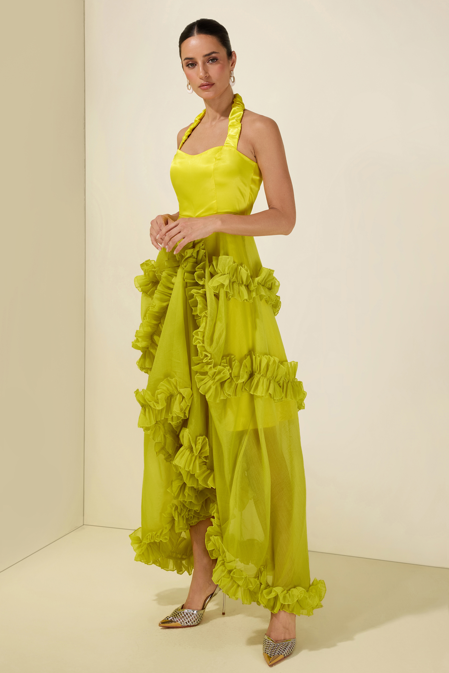 Satin Frill Halter Neck Midi Dress