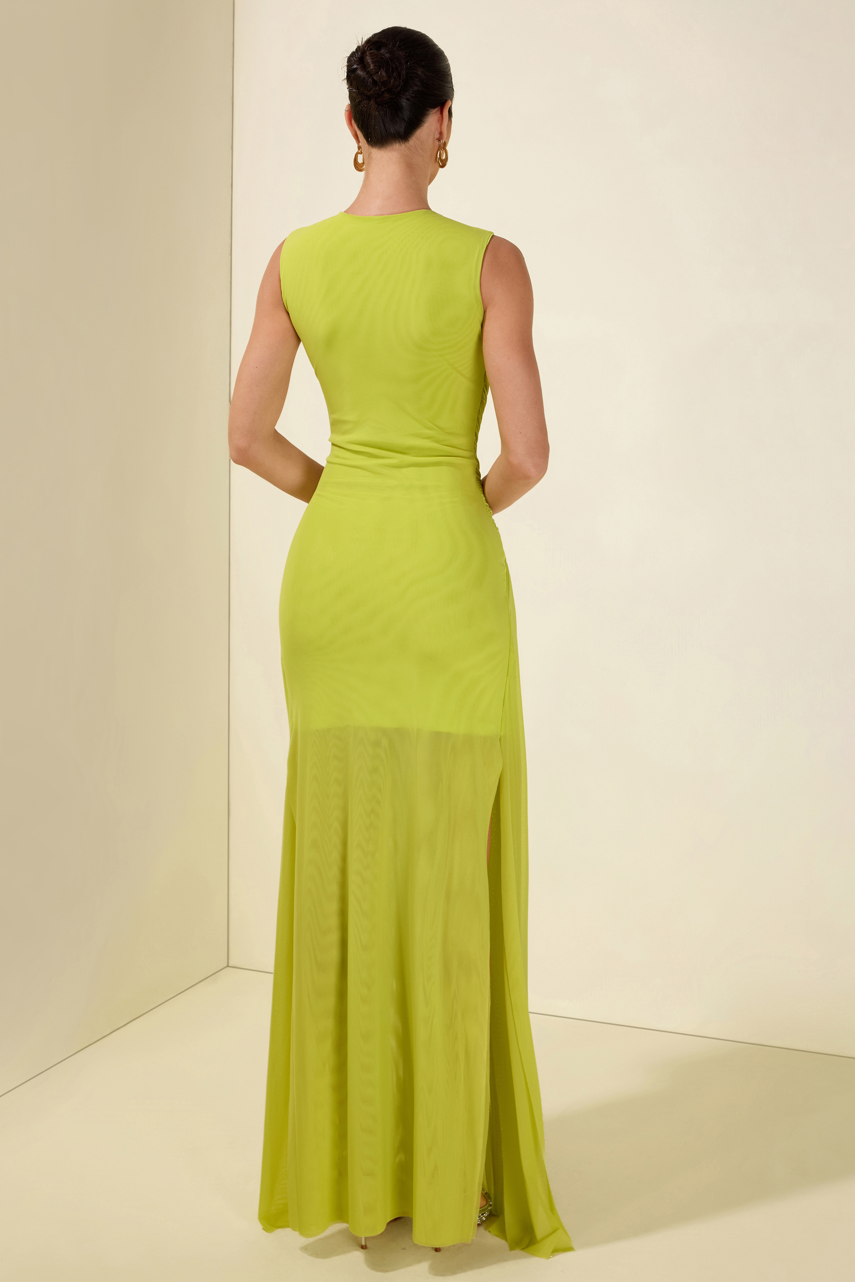 Ruched Solid Sleeveless Maxi Dress