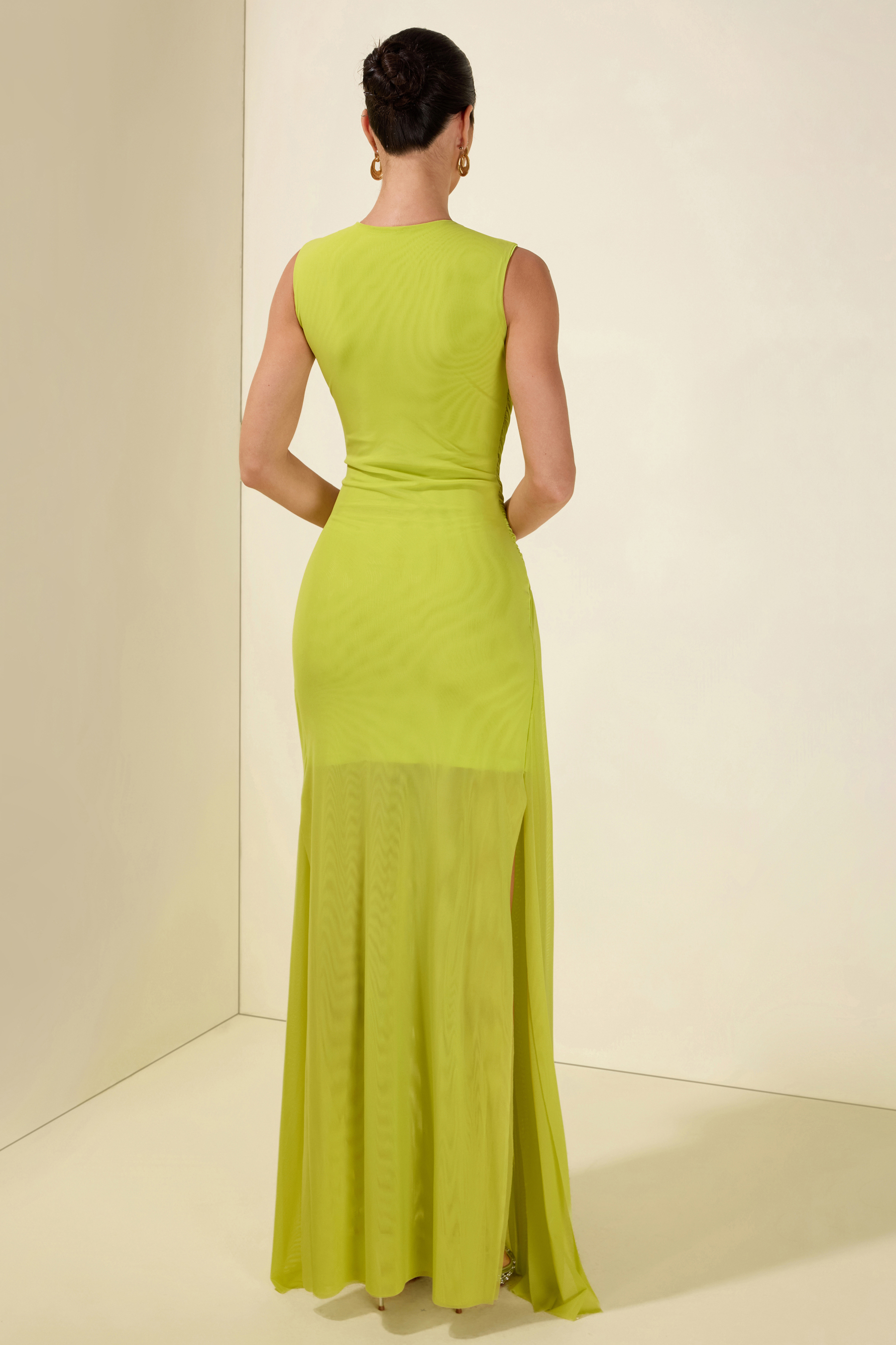 Ruched Solid Sleeveless Maxi Dress