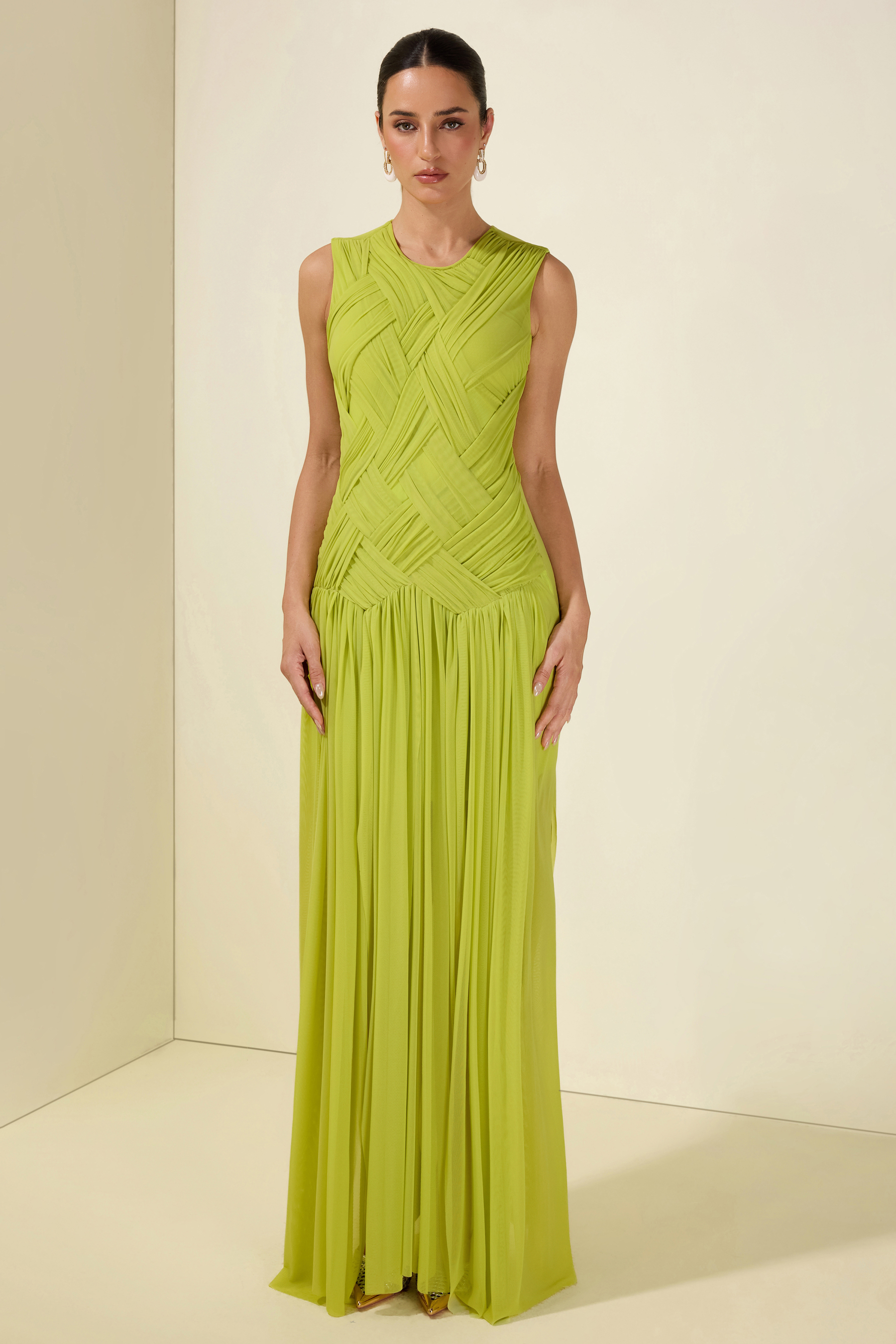 Ruched Solid Sleeveless Maxi Dress