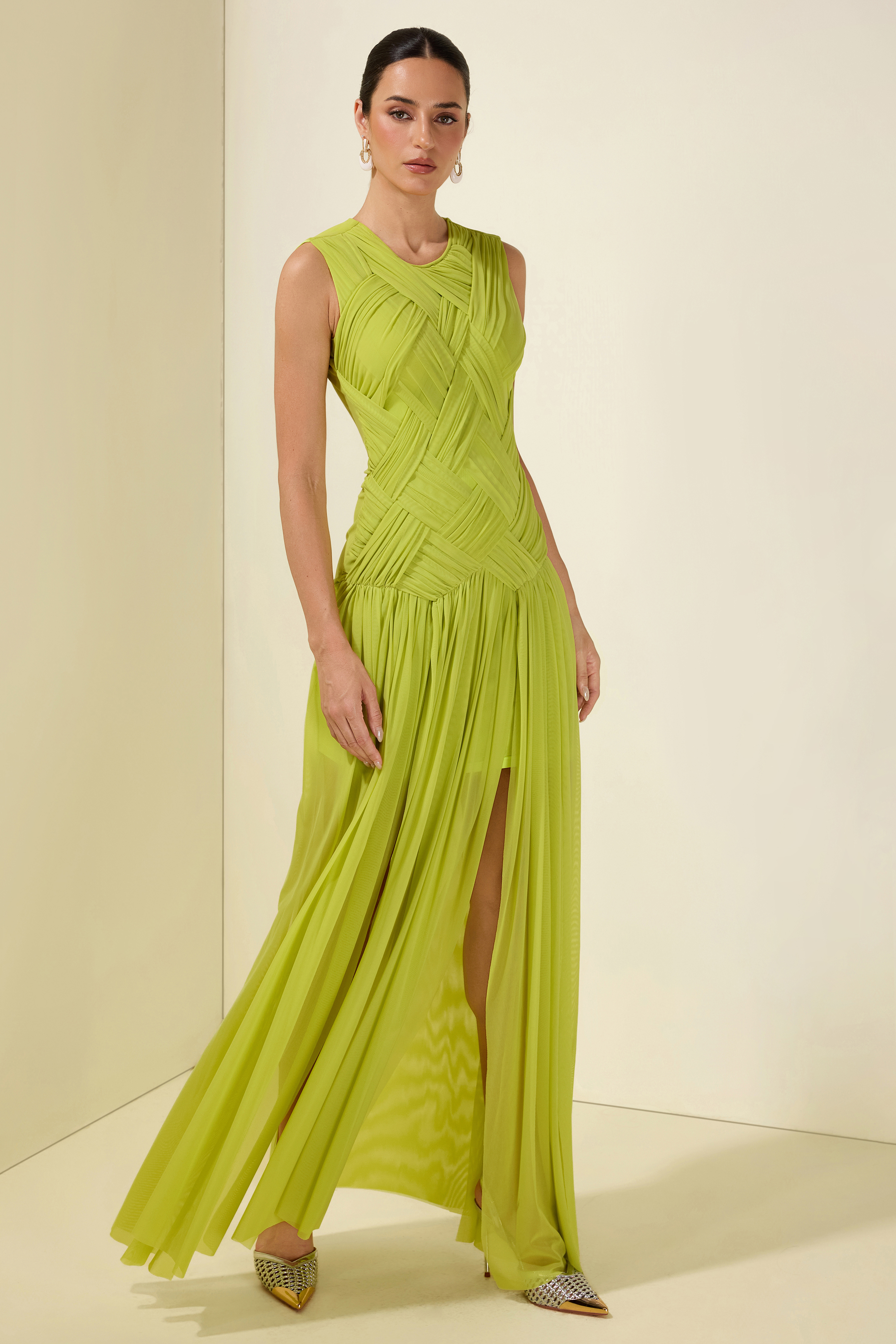 Ruched Solid Sleeveless Maxi Dress