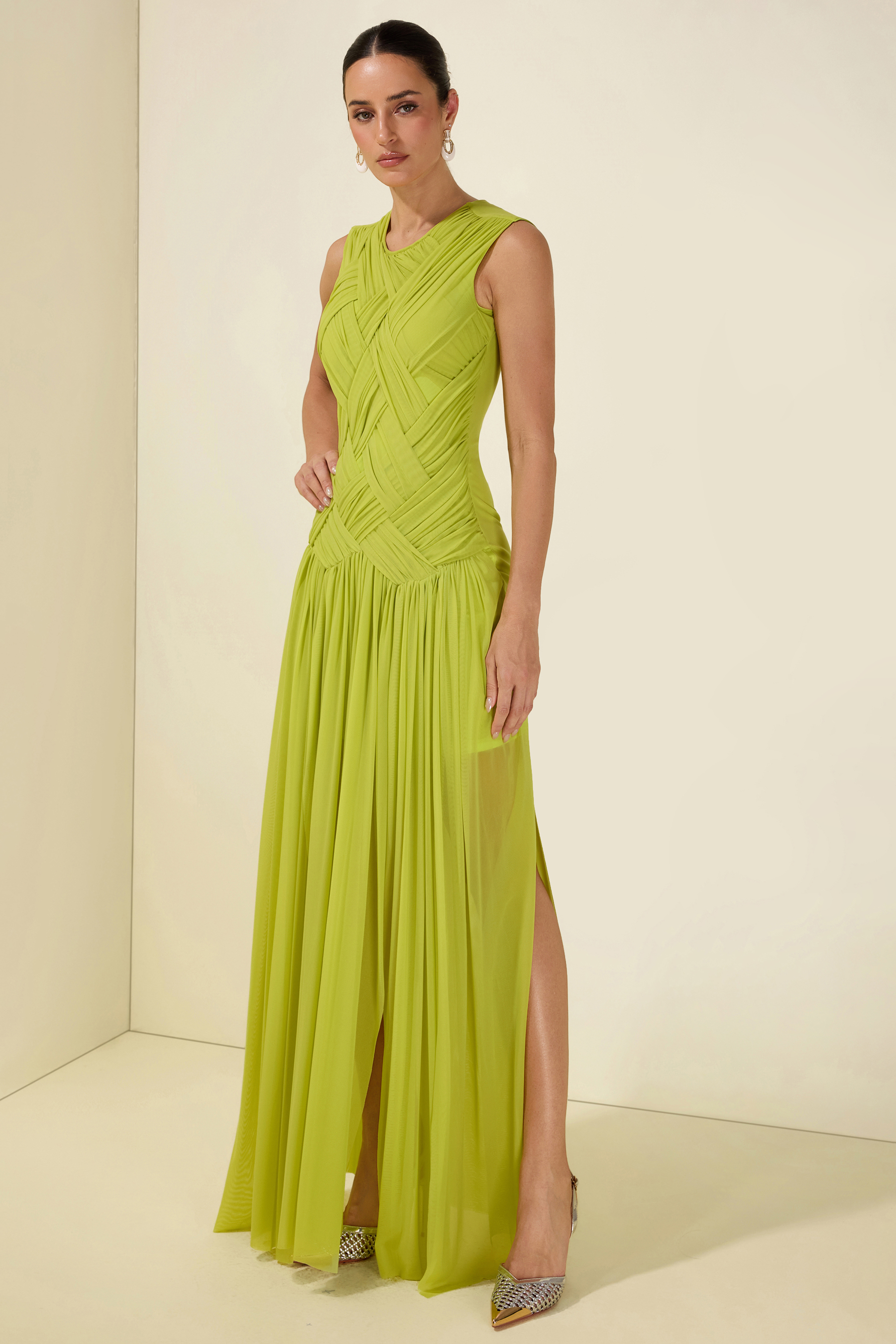 Ruched Solid Sleeveless Maxi Dress