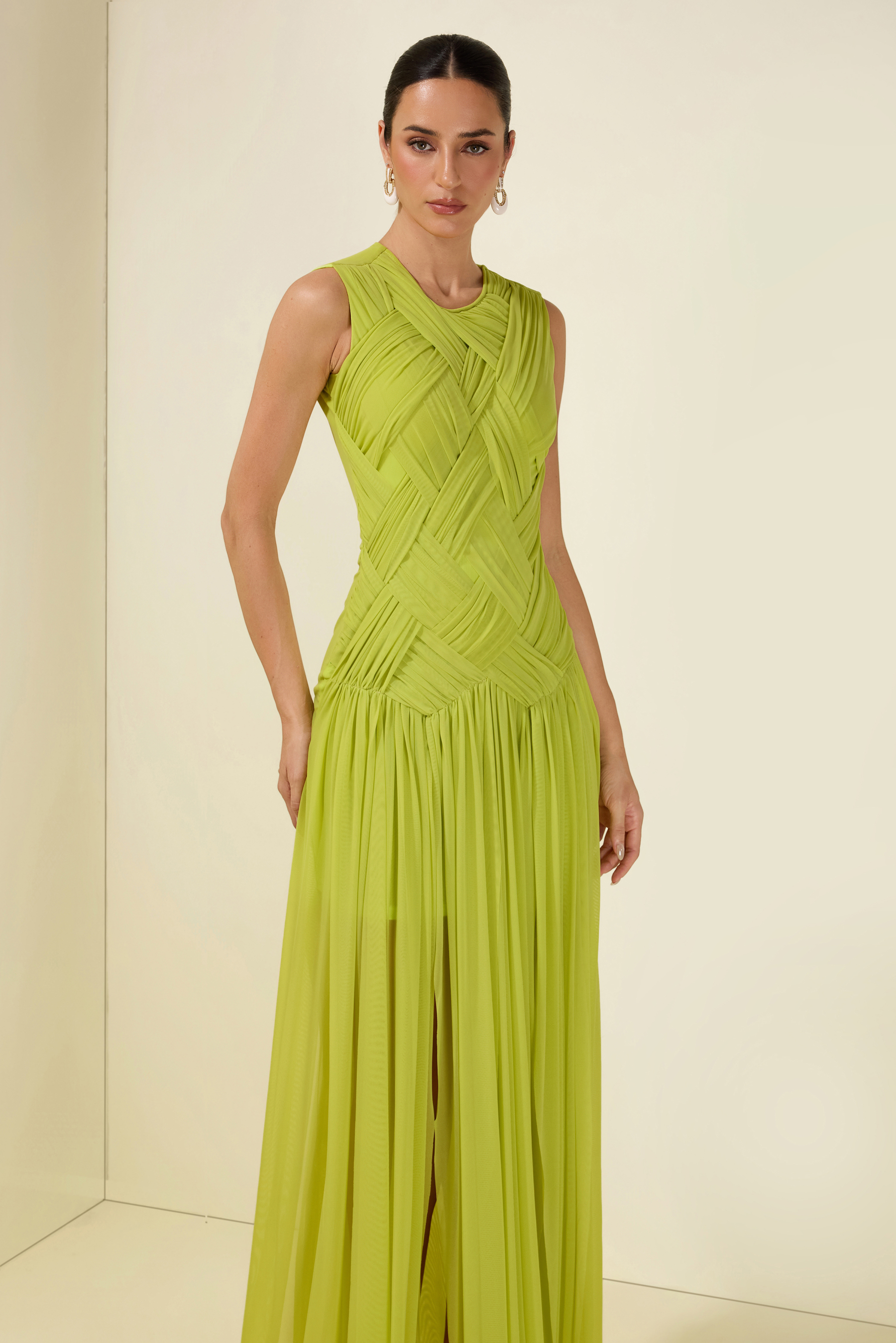 Ruched Solid Sleeveless Maxi Dress