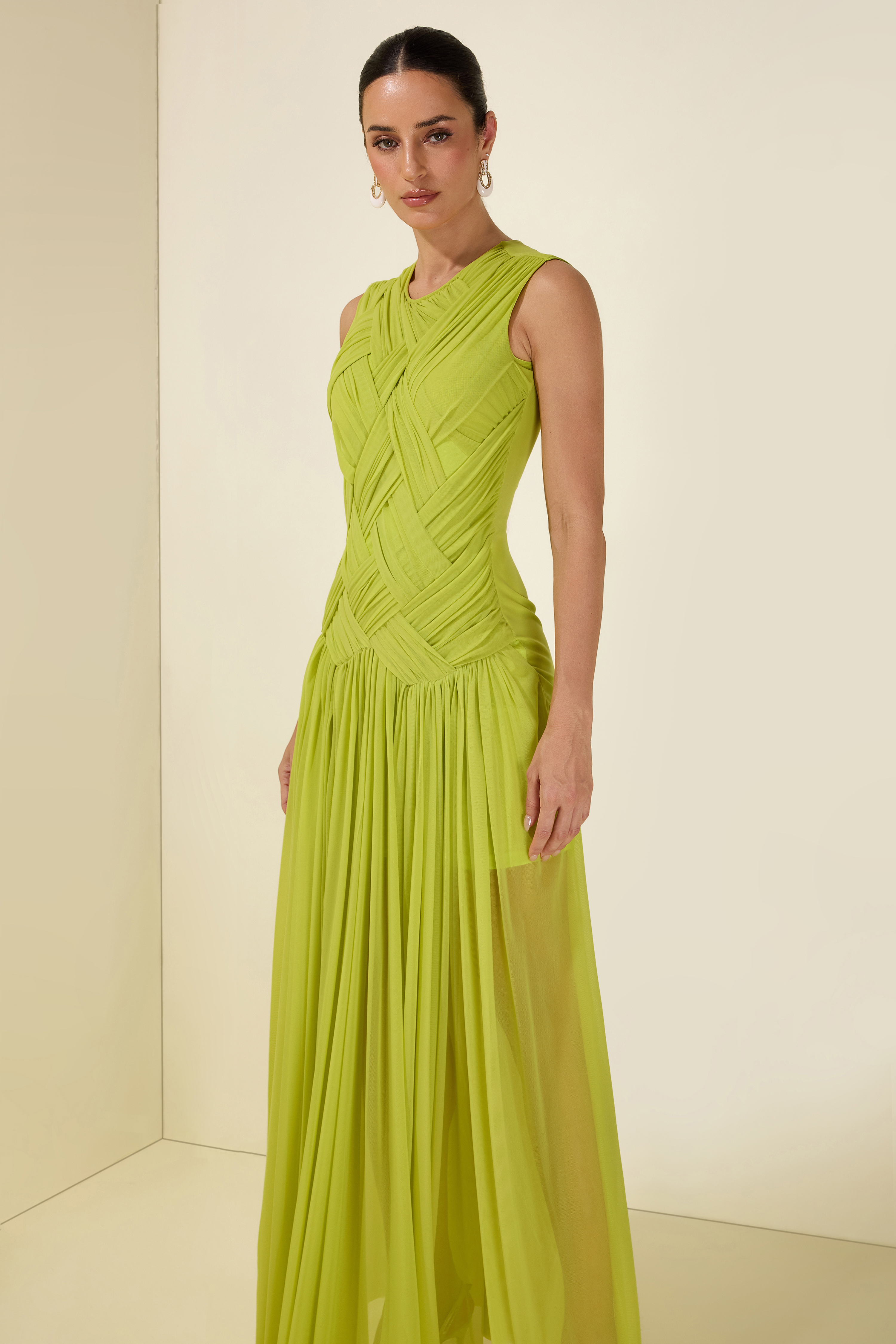 Ruched Solid Sleeveless Maxi Dress