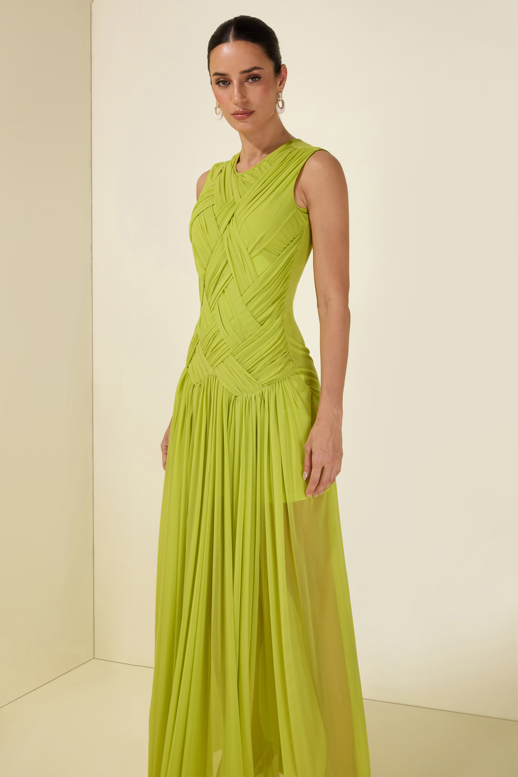 Ruched Solid Sleeveless Maxi Dress