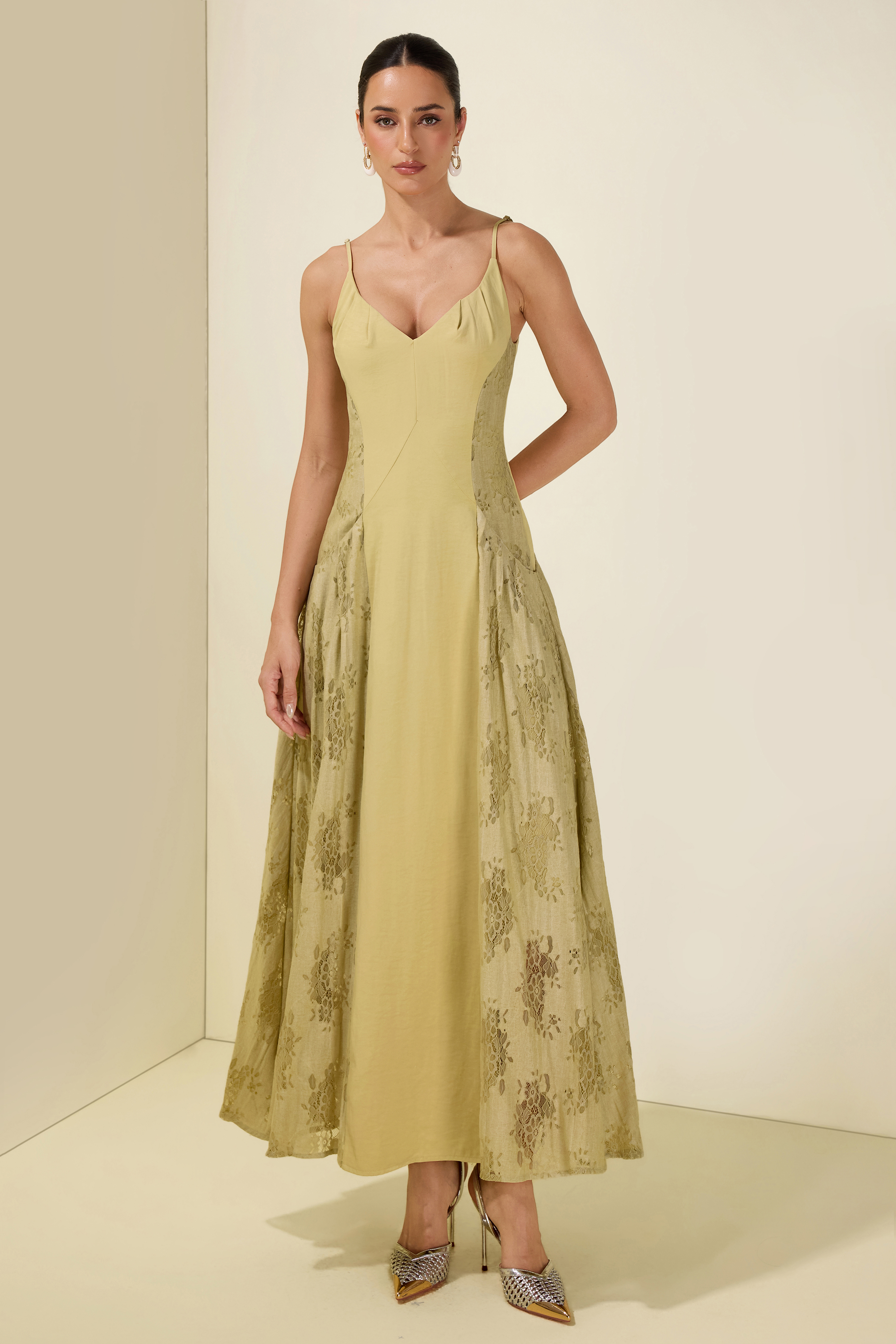 V Neck Pleat A Line Strap Slip Midi Dress