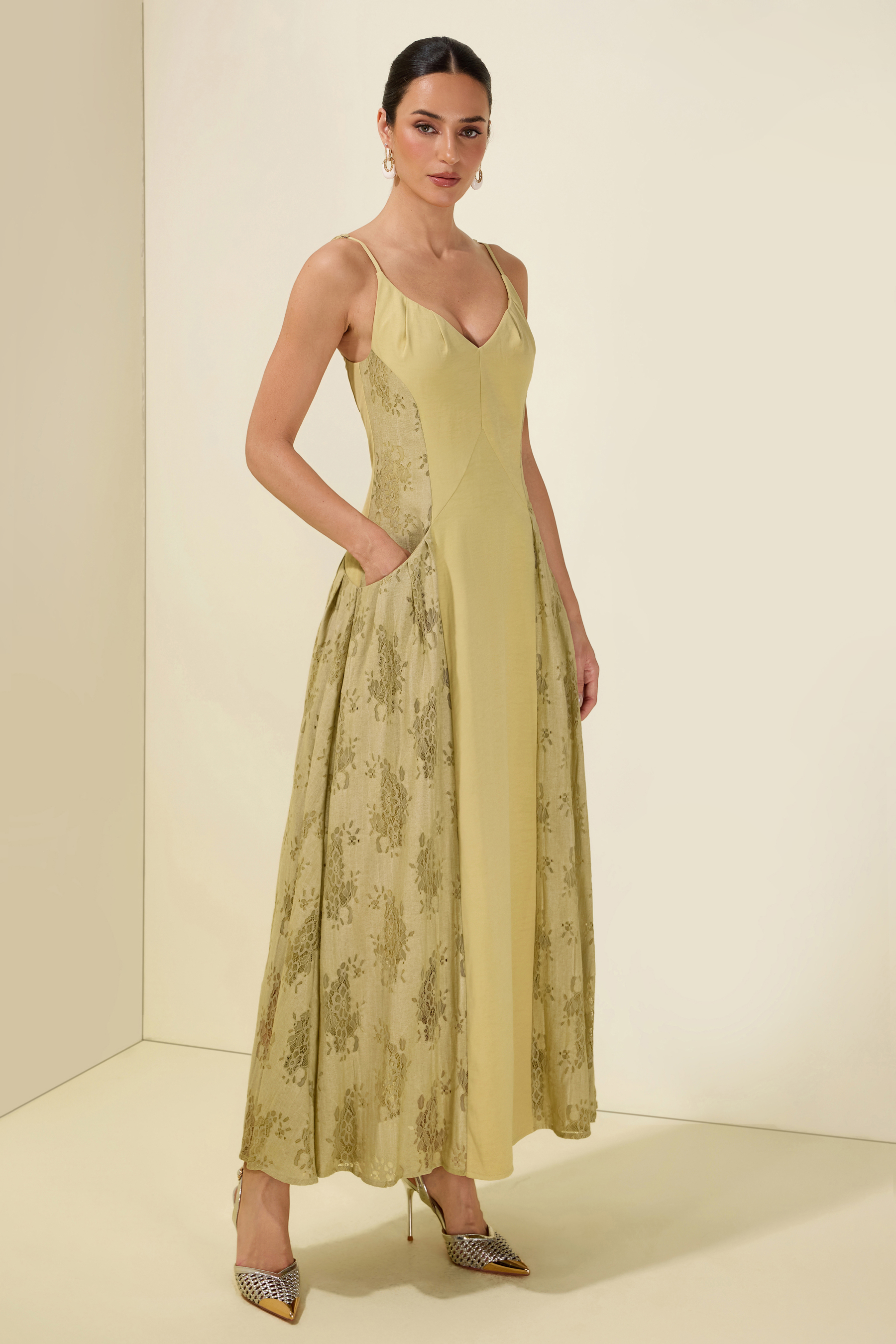 V Neck Pleat A Line Strap Slip Midi Dress