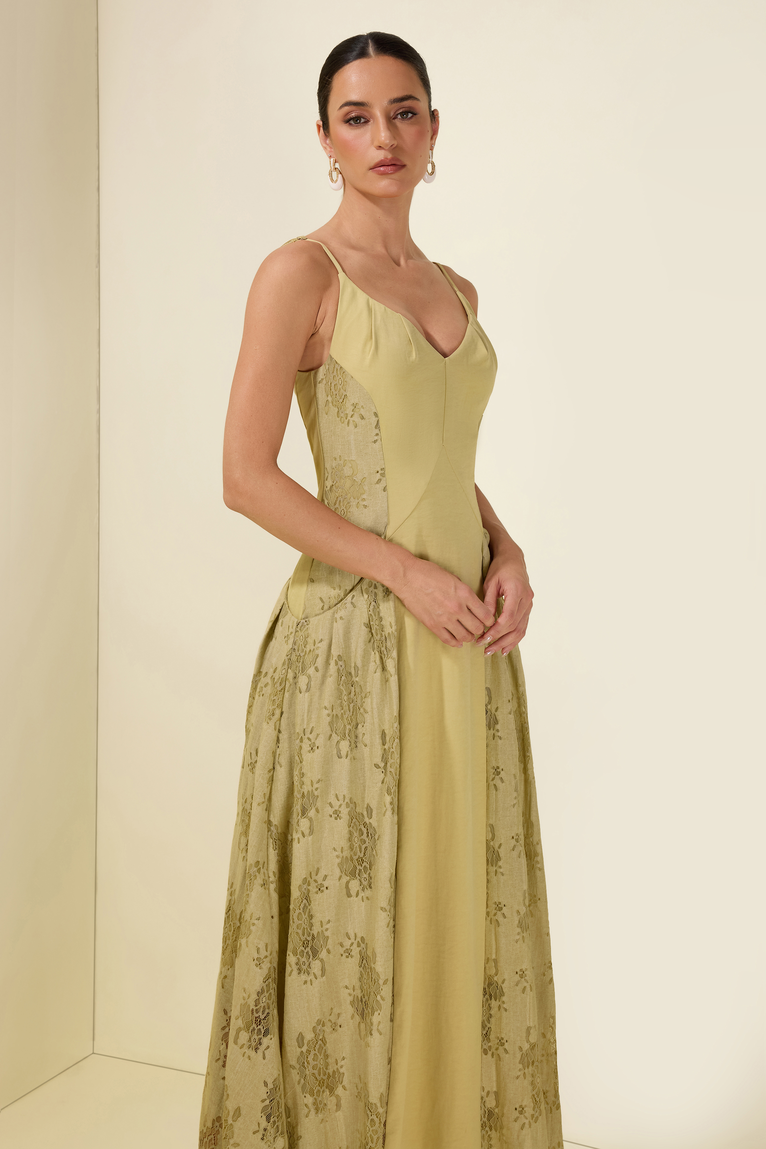 V Neck Pleat A Line Strap Slip Midi Dress