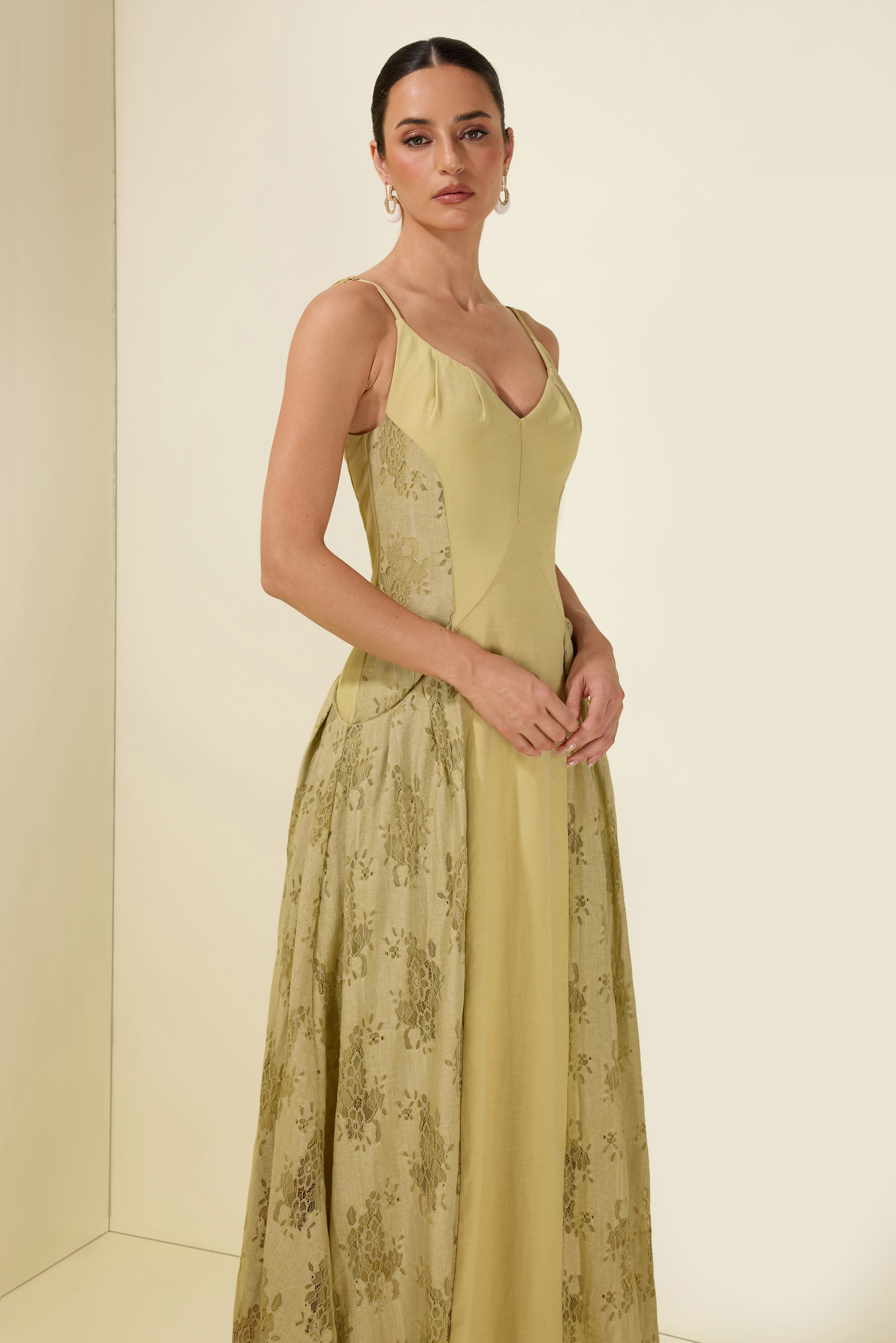 V Neck Pleat A Line Strap Slip Midi Dress