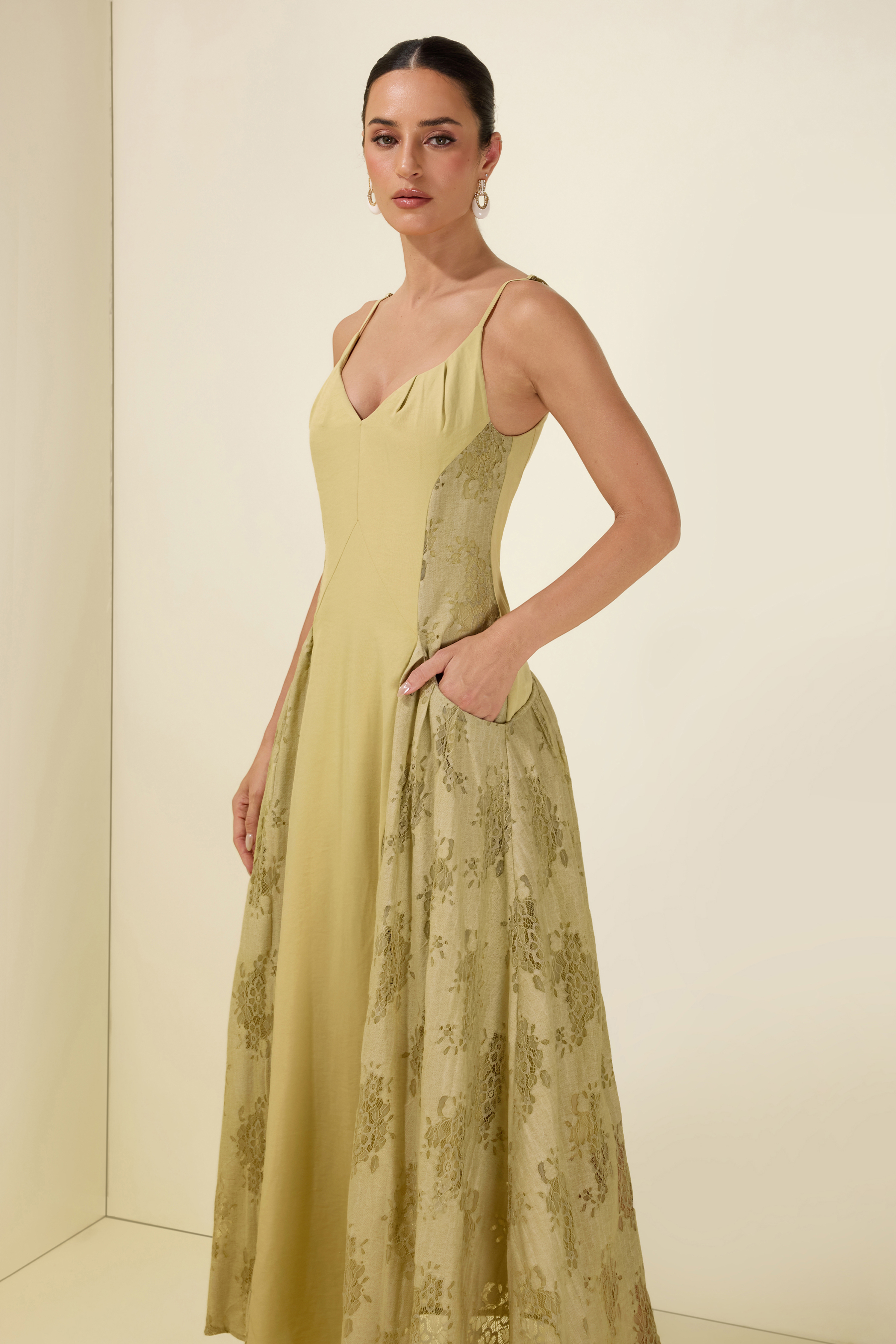 V Neck Pleat A Line Strap Slip Midi Dress