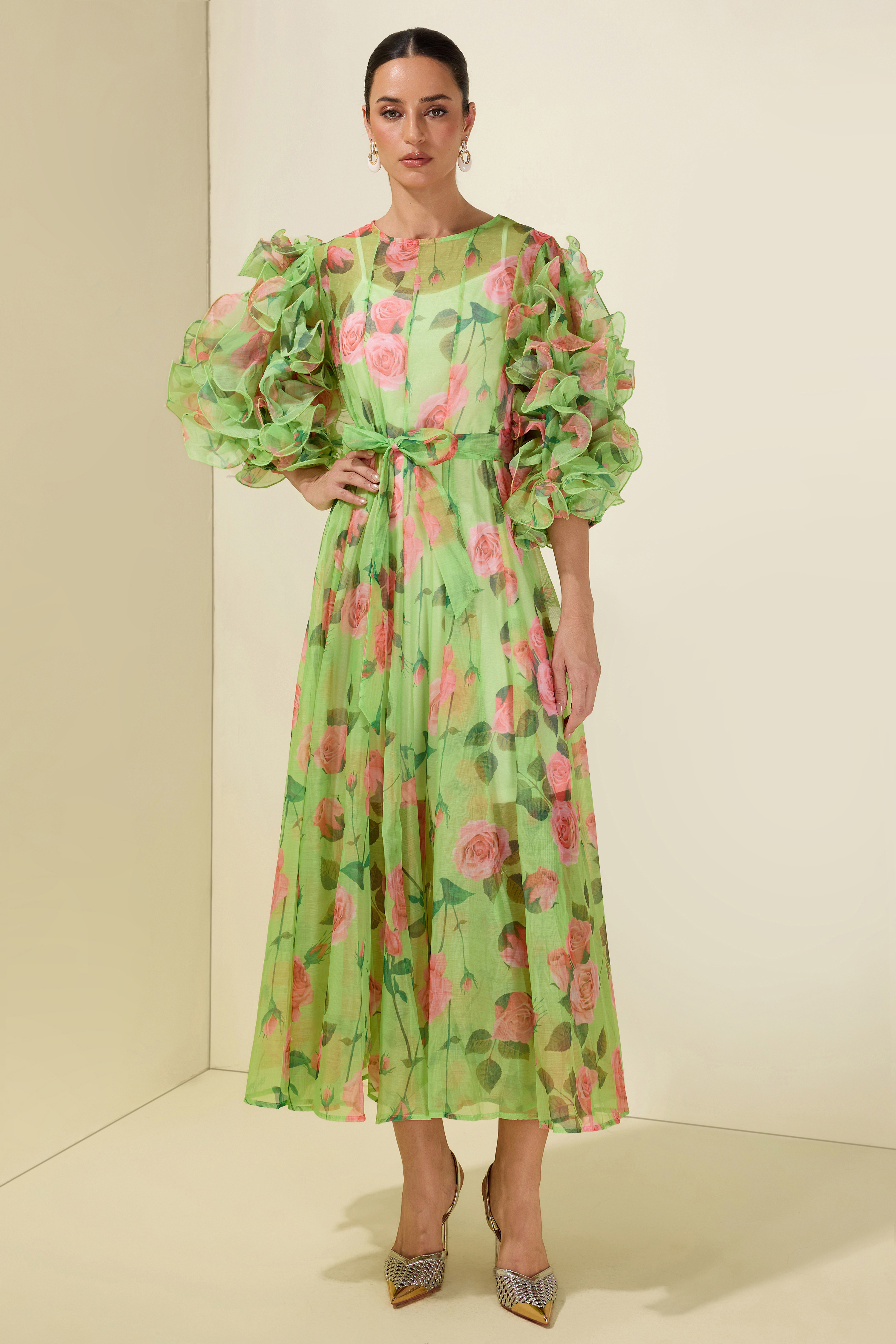 Floral Print Multi Ruffle Midi Dress