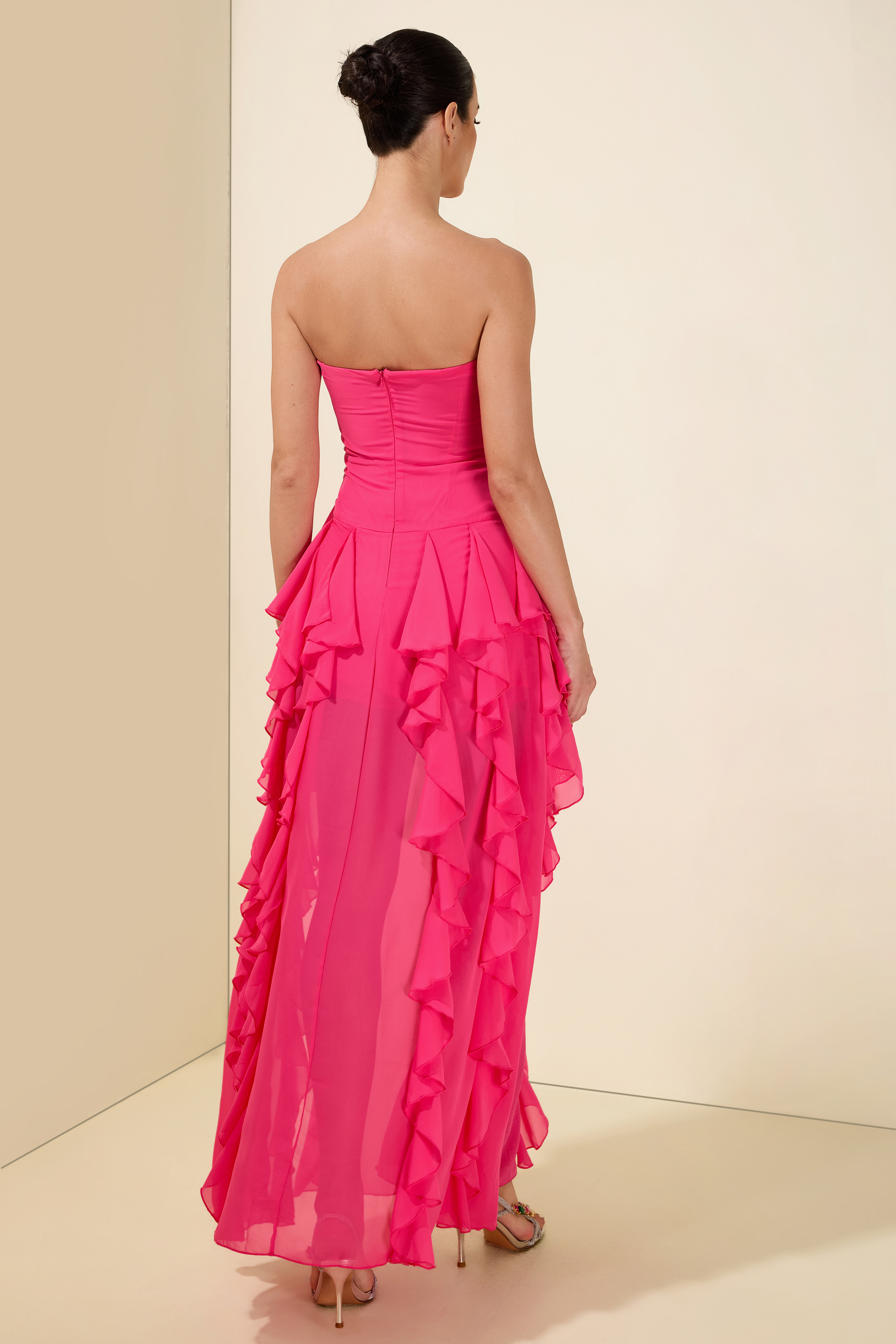 Pleated Frill Strapless Midi Dress