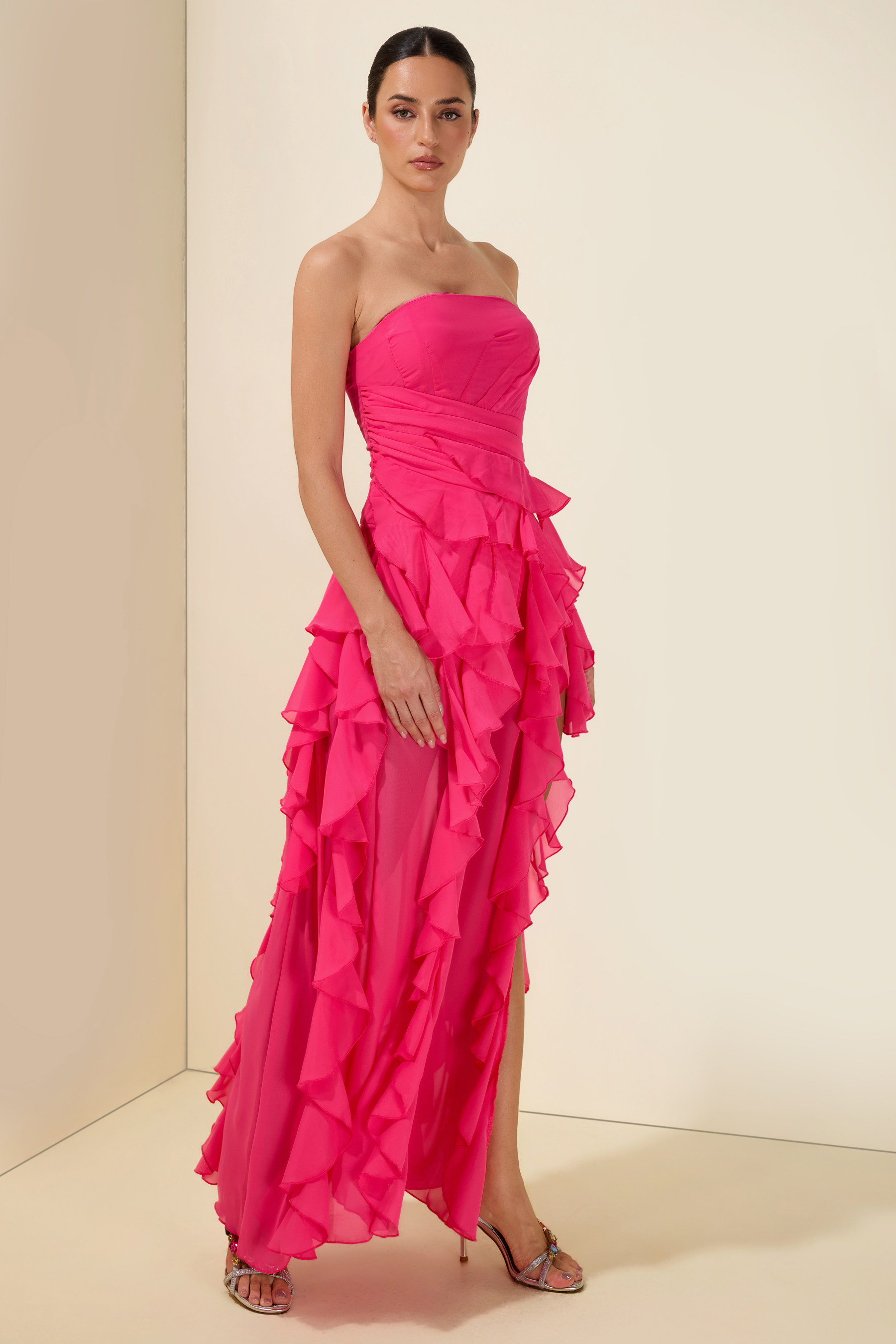 Pleated Frill Strapless Midi Dress