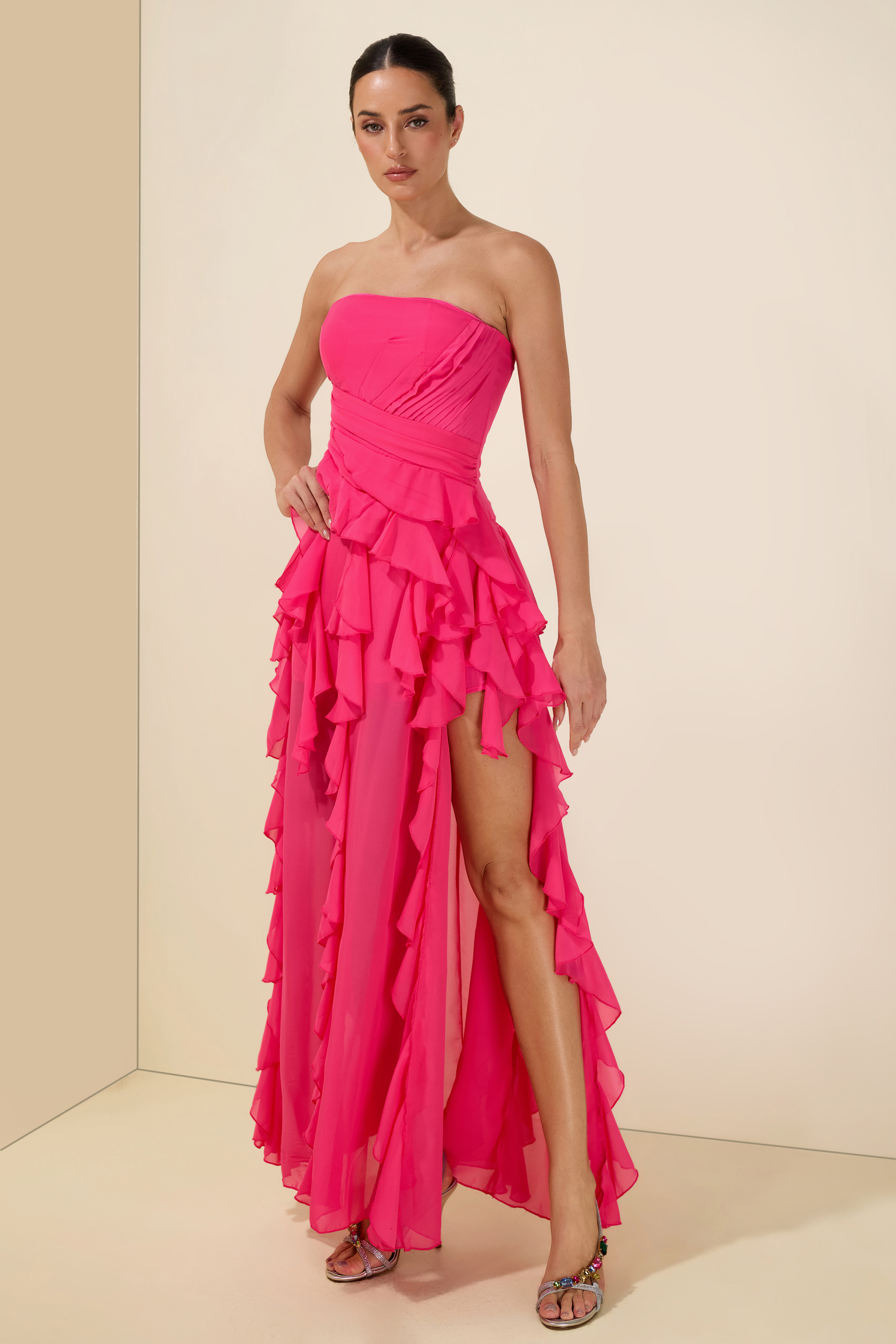 Pleated Frill Strapless Midi Dress