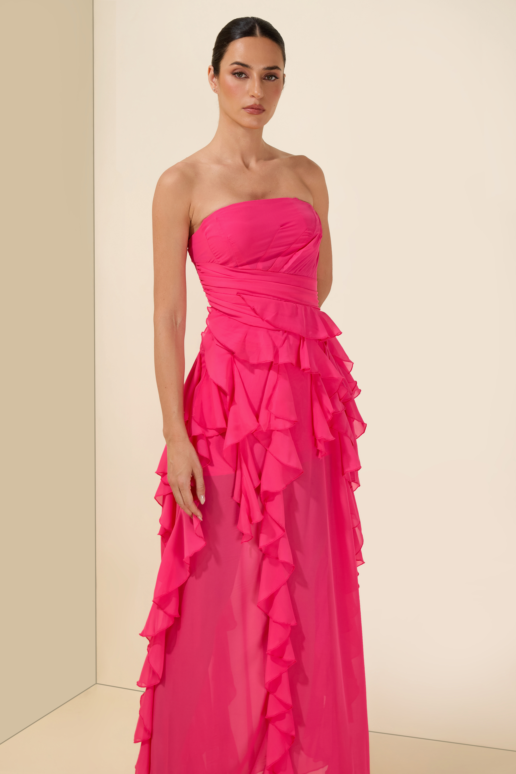 Pleated Frill Strapless Midi Dress