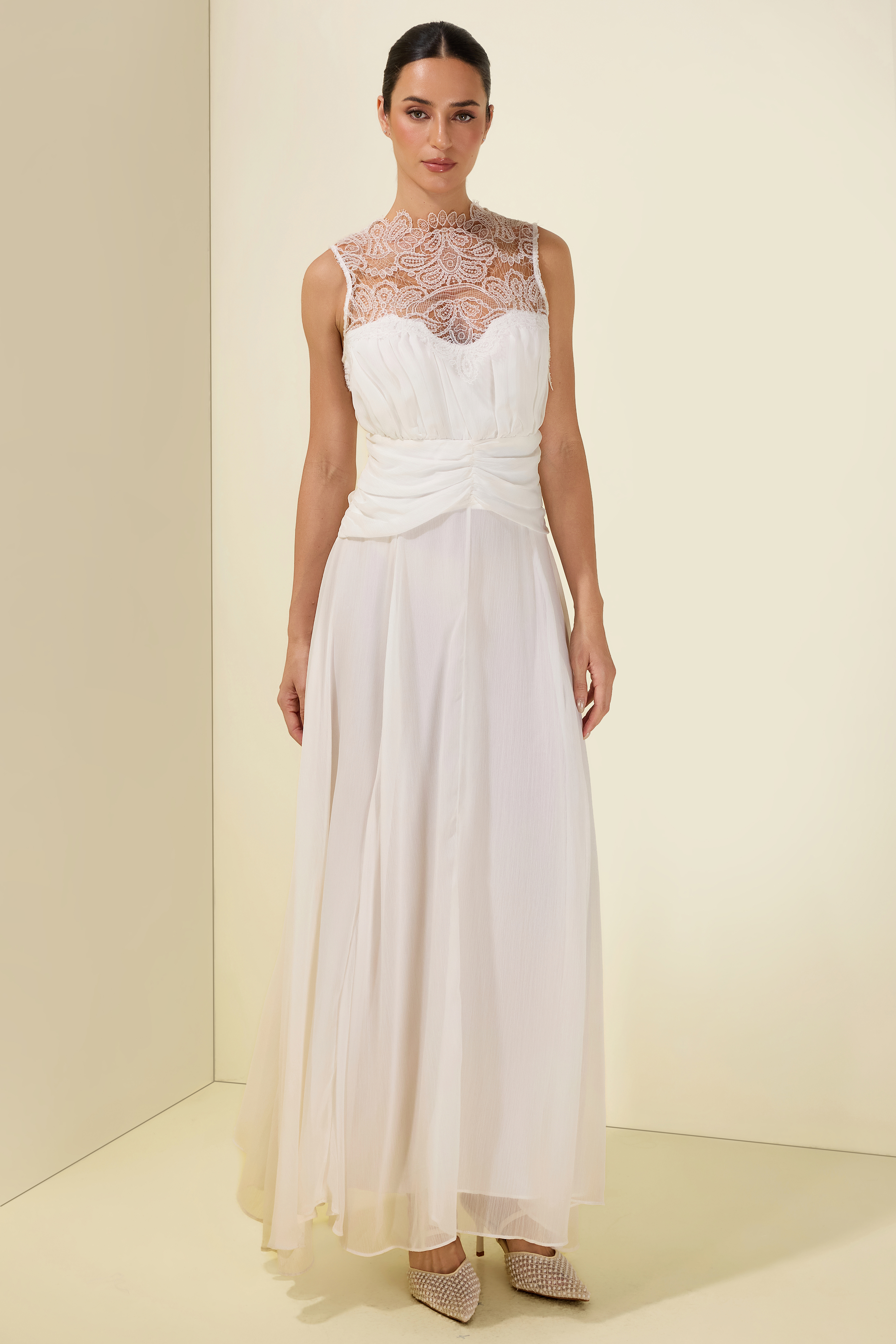 Lace Gathering Sleeveless Maxi Dress
