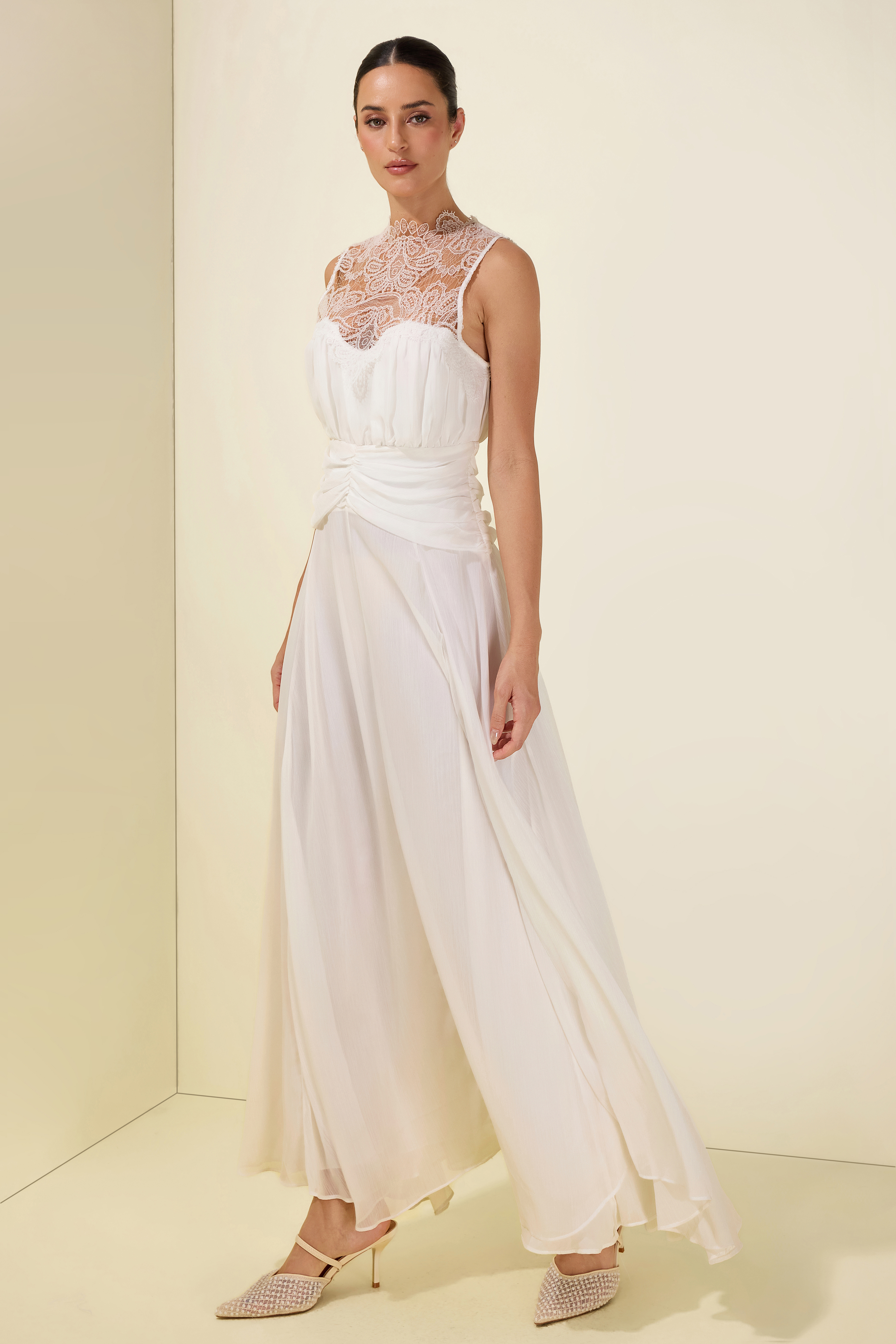 Lace Gathering Sleeveless Maxi Dress