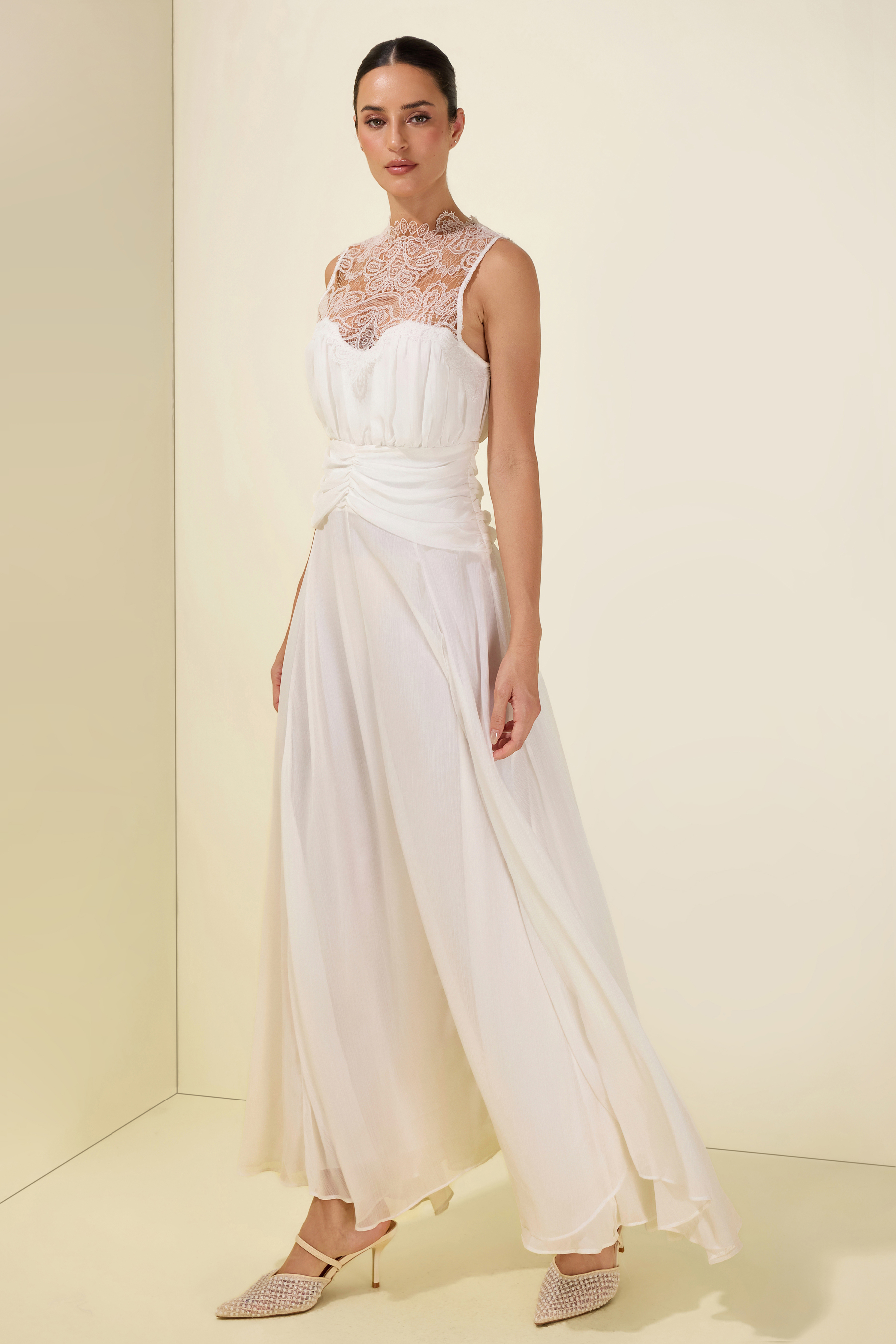 Lace Gathering Sleeveless Maxi Dress