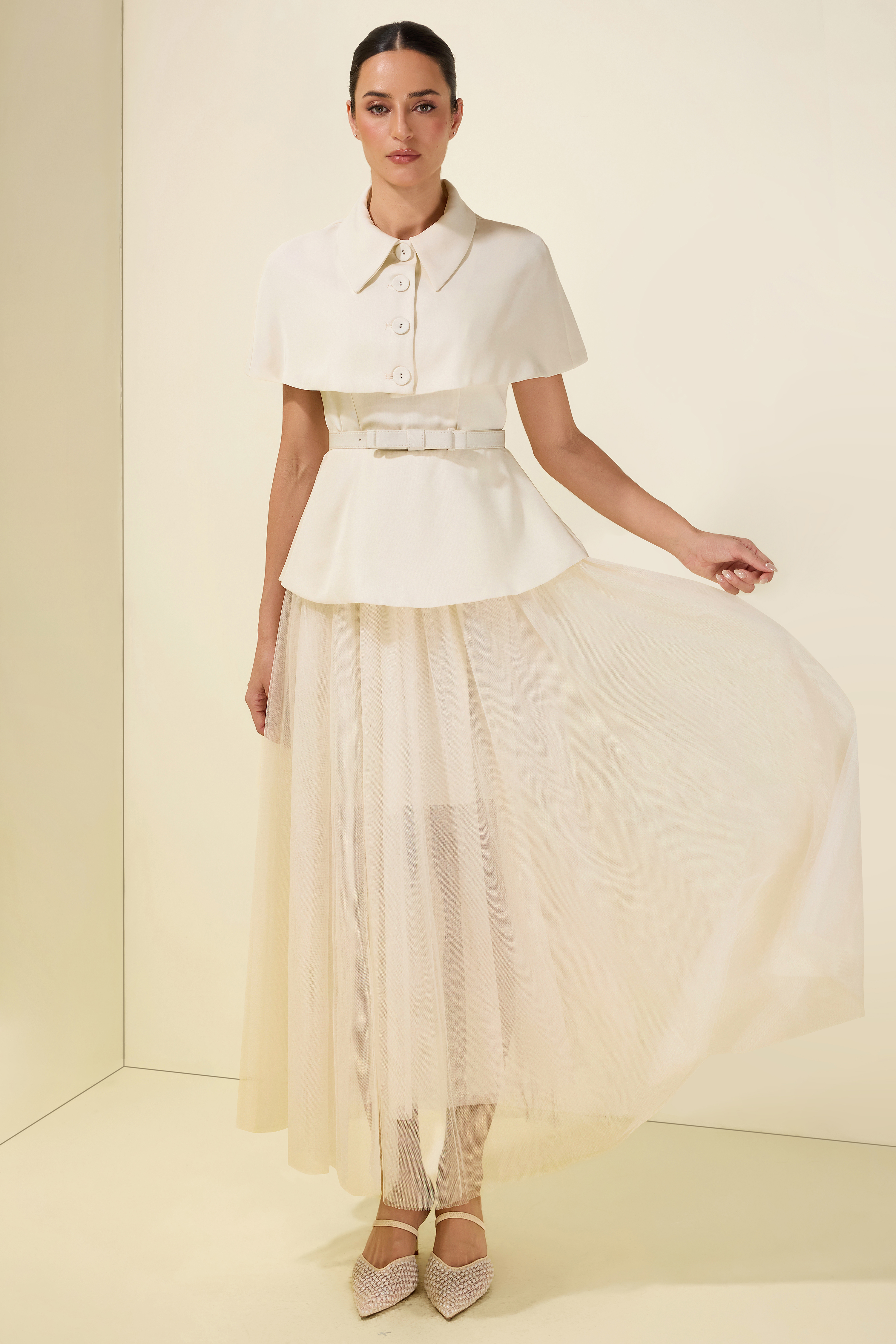 Cloak Sleeveless With Belt Capelet Midi Dress