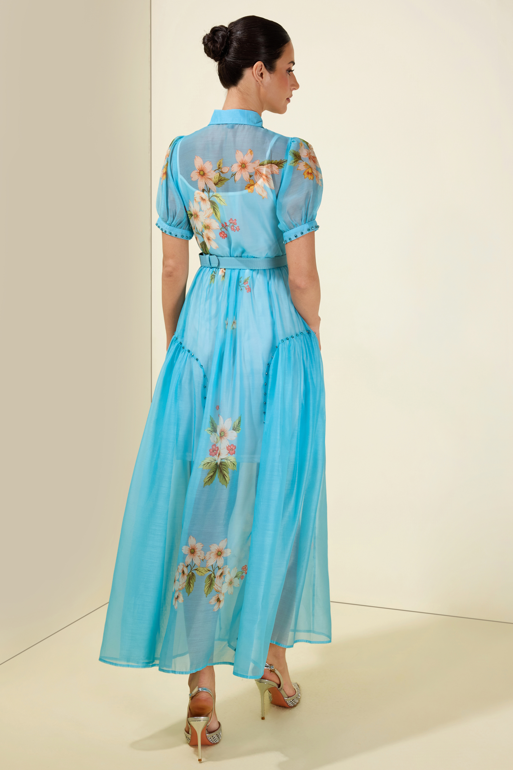 Floral Rhinestone Rivets Midi Dress With Belt