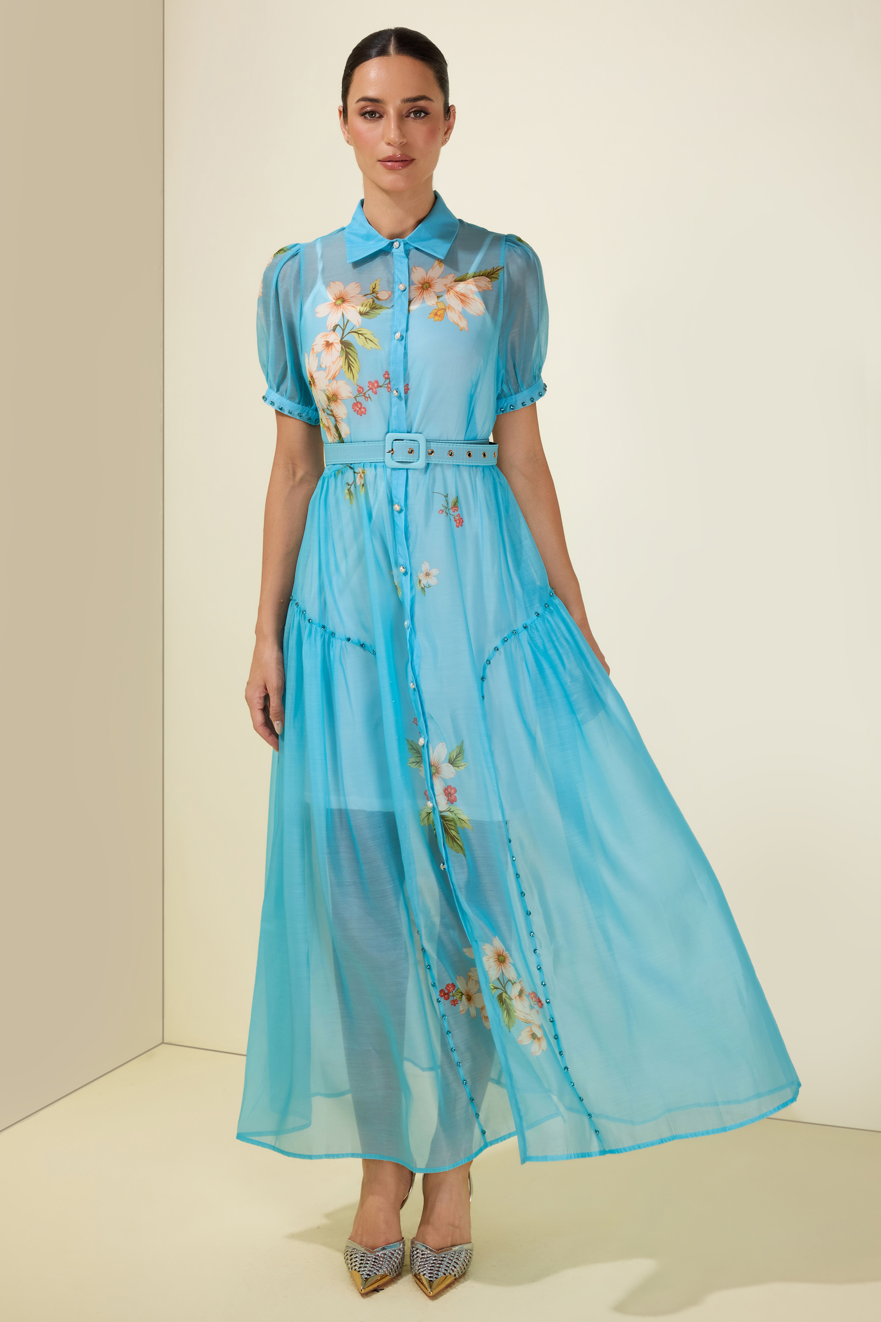 Floral Rhinestone Rivets Midi Dress With Belt