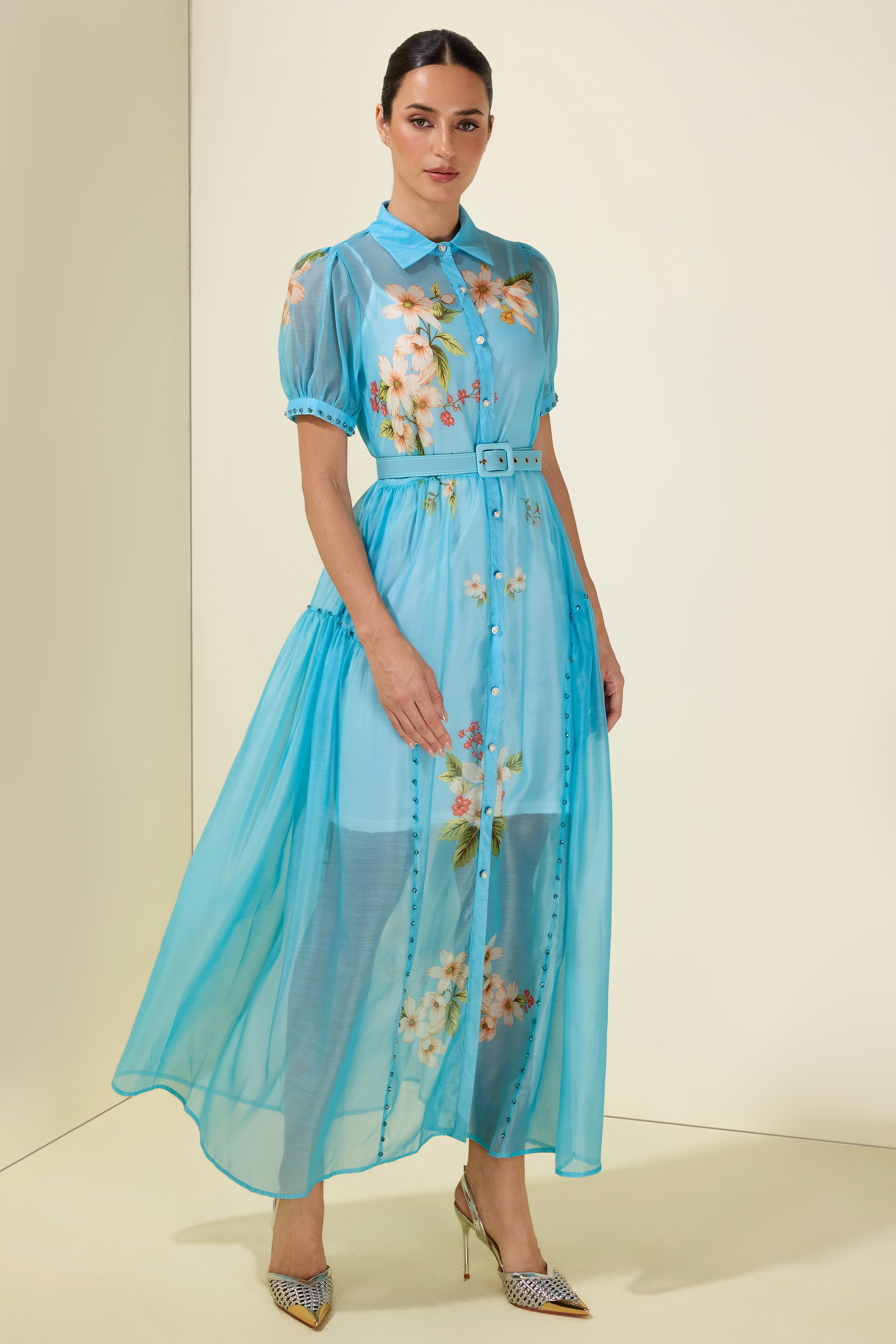 Floral Rhinestone Rivets Midi Dress With Belt