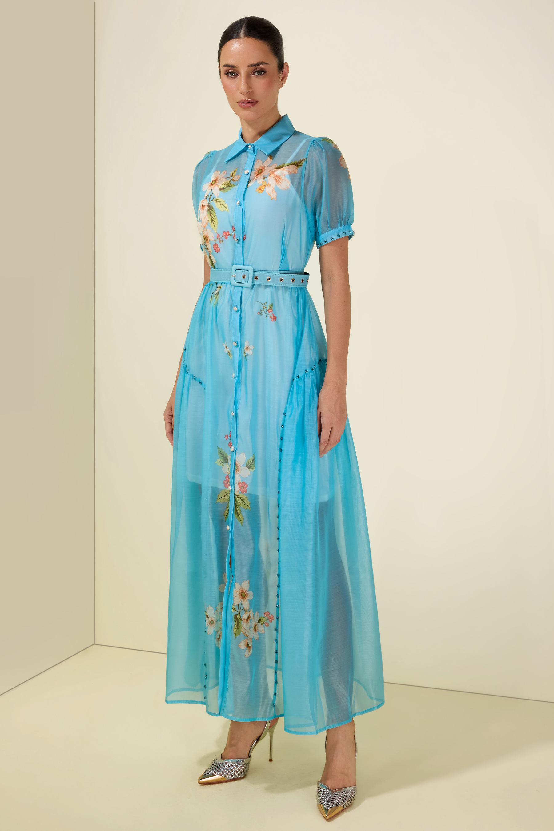 Floral Rhinestone Rivets Midi Dress With Belt