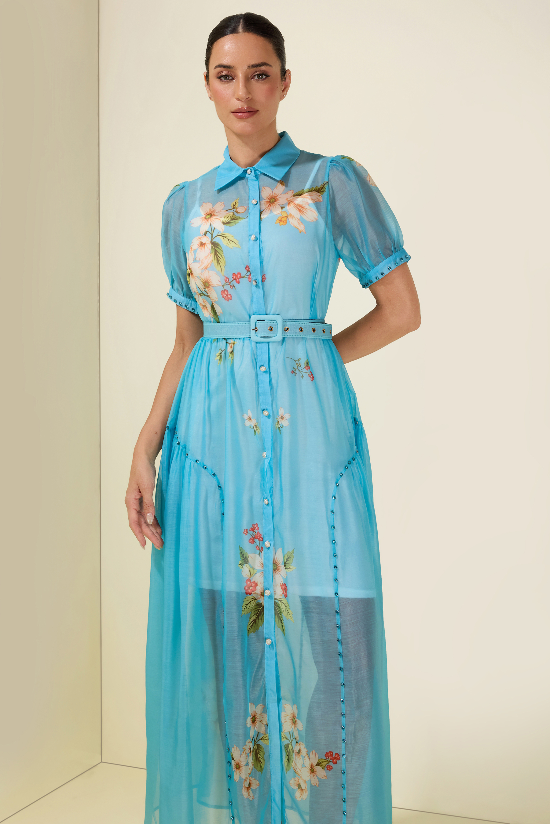 Floral Rhinestone Rivets Midi Dress With Belt